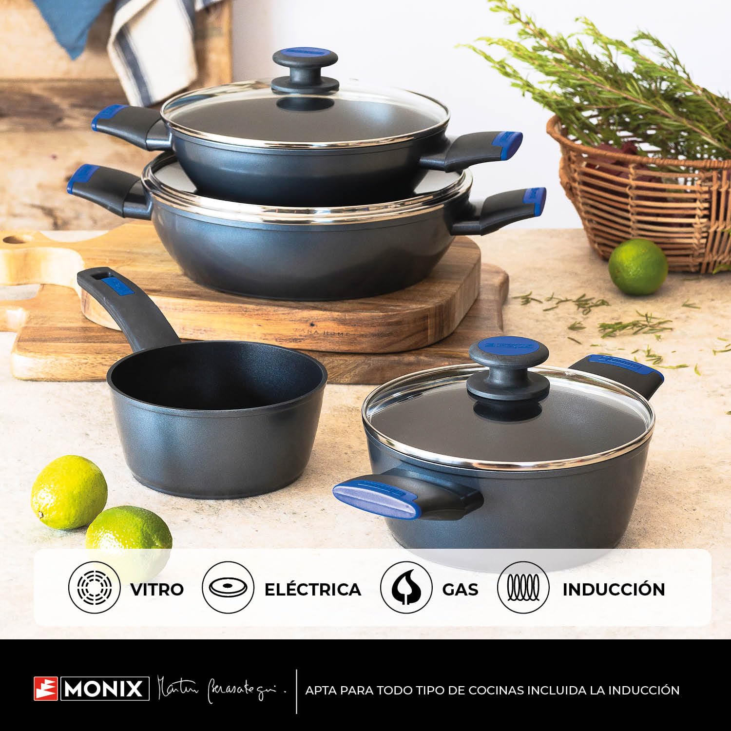 MONIX Martín Berasategui | Batería de cocina 7 piezas, Aluminio Forjado con Antiadherente, sin PFOA, Apta para todo tipo de Cocinas incluida Inducción