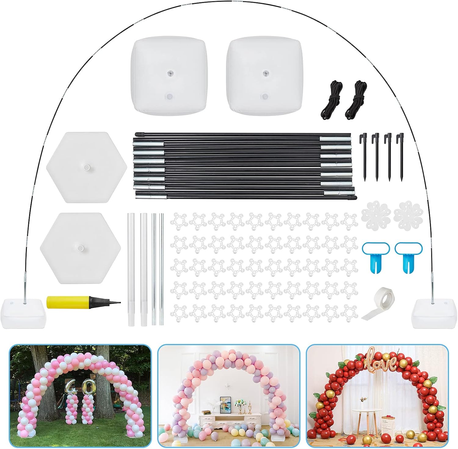 Newtion Balloon Arch Holder Kit 9Ft Tall & 10Ft Wide Adjustable Balloon Stand with 2 Water Fillable PVC Bases, 2 Water Bags, 50 Balloon Clips Accessory for Wedding Birthday Graduation Party Decoration