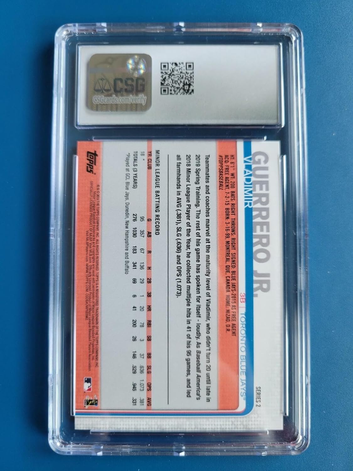 Vladimir Guerrero Jr. 2019 TOPPS RC "MISSING CARD #" TORONTO BLUE JAYS - CSG 9 - Slabbed Baseball Cards