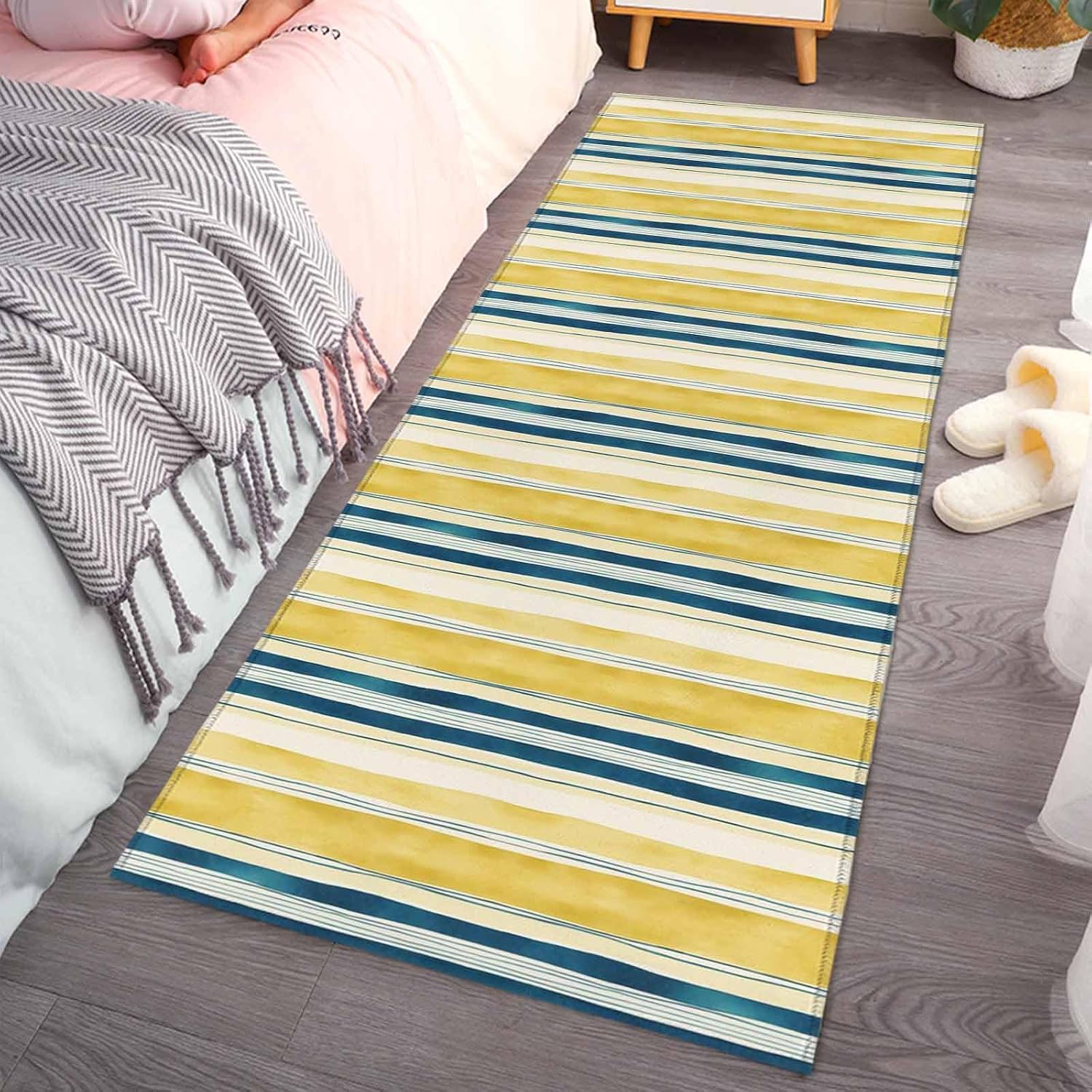 Teamery Kitchen Mats for Floor Gradient Yellow Blue Stripes Washable Non Slip Kitchen Rugs 1PCS, Abstract Watercolor Line Absorbent Standing Mats for Sink Bathroom Office Living Room 23.6x70.9in