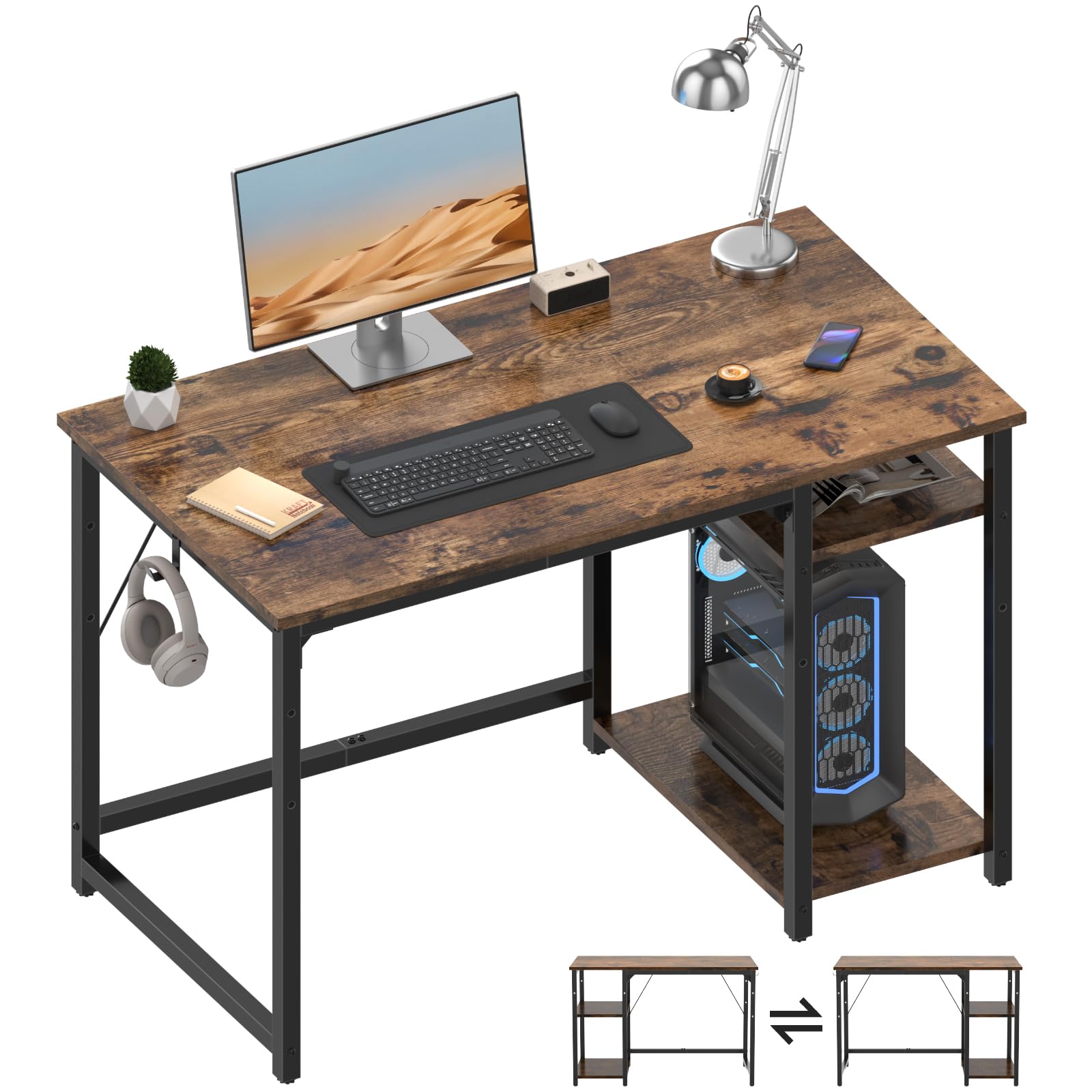 Airfish Mesa Escritorio Pequeña, Escritorio Ordenador Juvenil, Mesa de Juego, 100x50x75cm, con Estante Organizador, Gancho para Auriculares, para Oficina, Dormitorio, Sala de Estudio Marrón