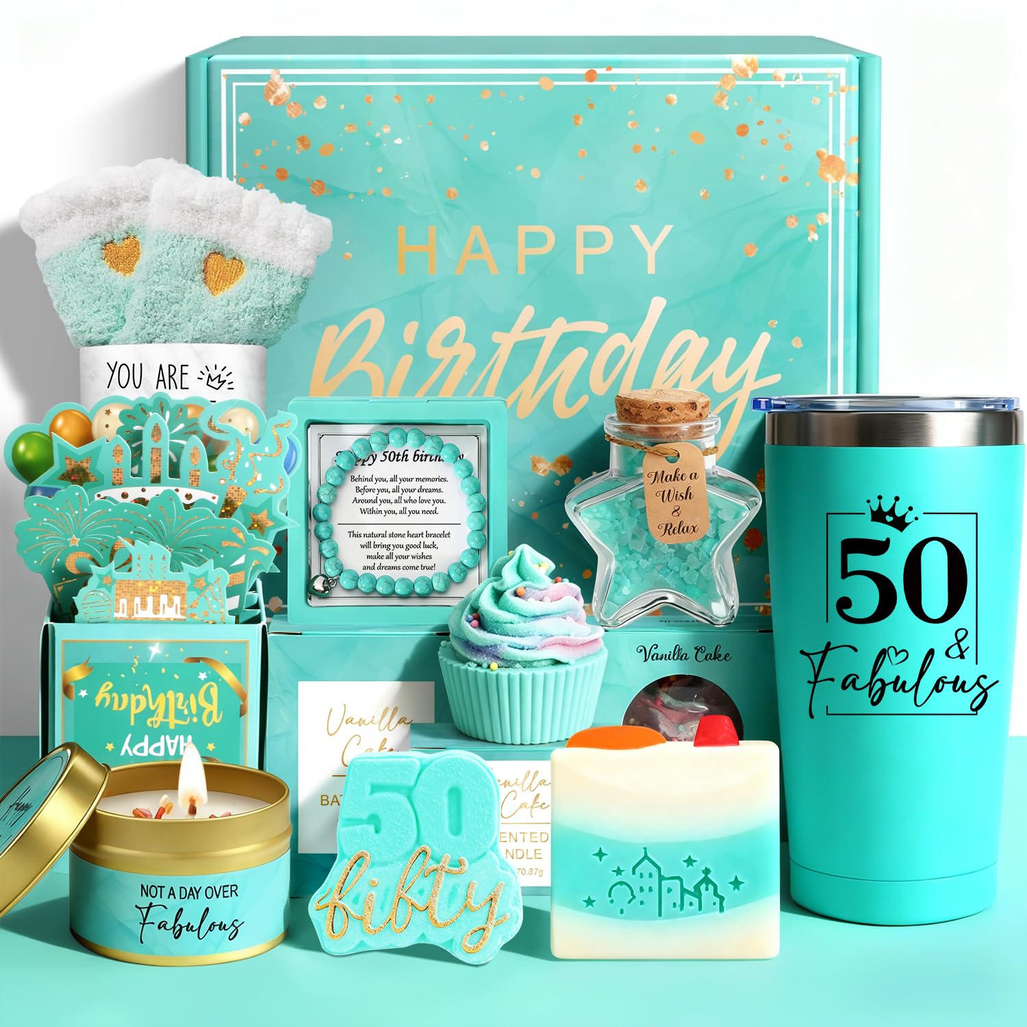 Drazik® 50th Birthday Gifts for Women, Happy 50th Birthday Pamper Gifts Box for Her Birthday Bath Set Hampers for 50 Year Old Women, Ladies 50th Birthday Presents for Best Friend Bestie Sister Mum