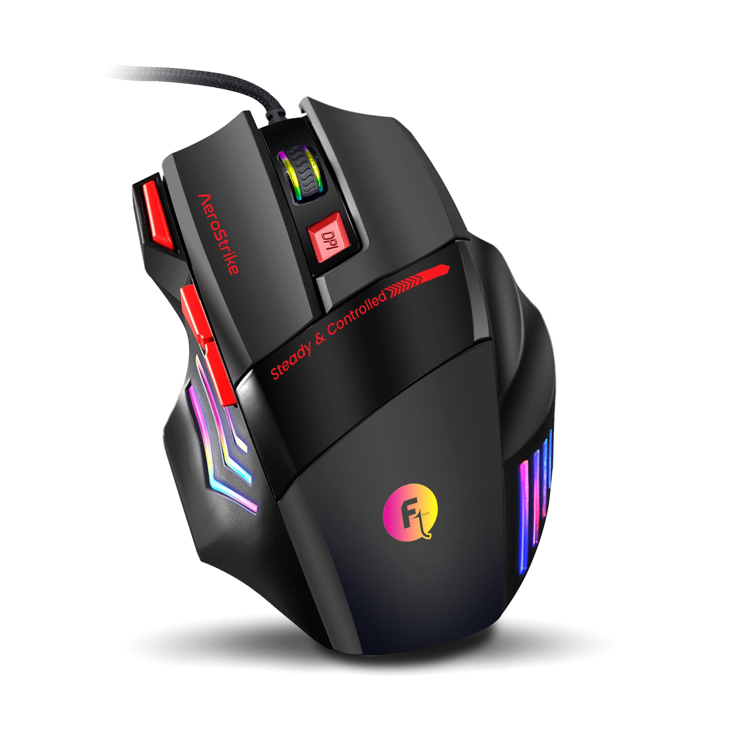 FRONTECH AeroStrike USB Wired Gaming Mouse with Upto 7200 DPI Gaming Sensor | 7 Buttons Design | Rainbow Lighting with Breathing Effect | 1.5m Braided Cable (Black+Red)-image-44
