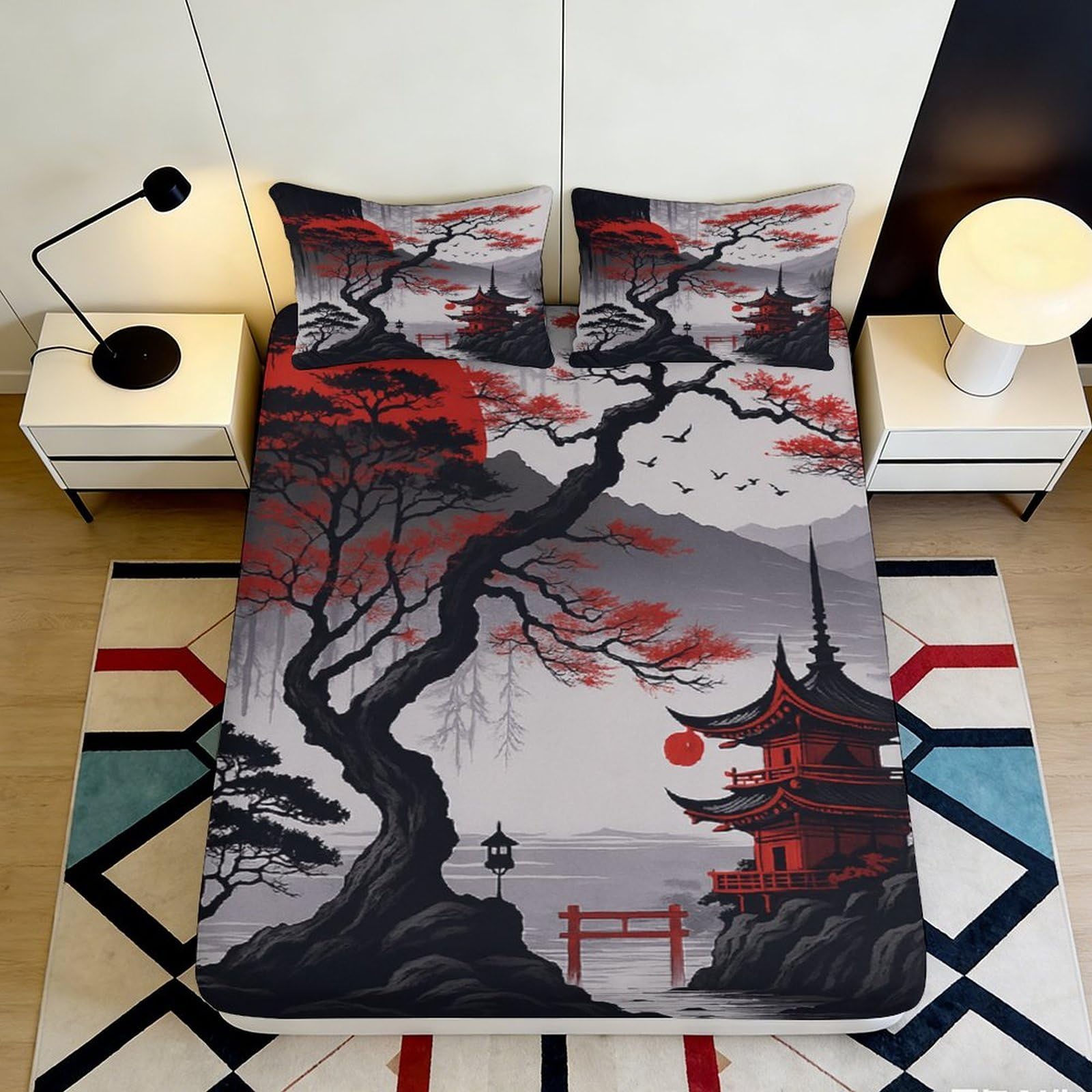 3D Printed Sakura Japanese Fitted Sheet Microfiber Deep Pocket Non-Slip Bedroom Bedding Cherry Blossom Mattress Fitted Cover Washable 120x200x25cm
