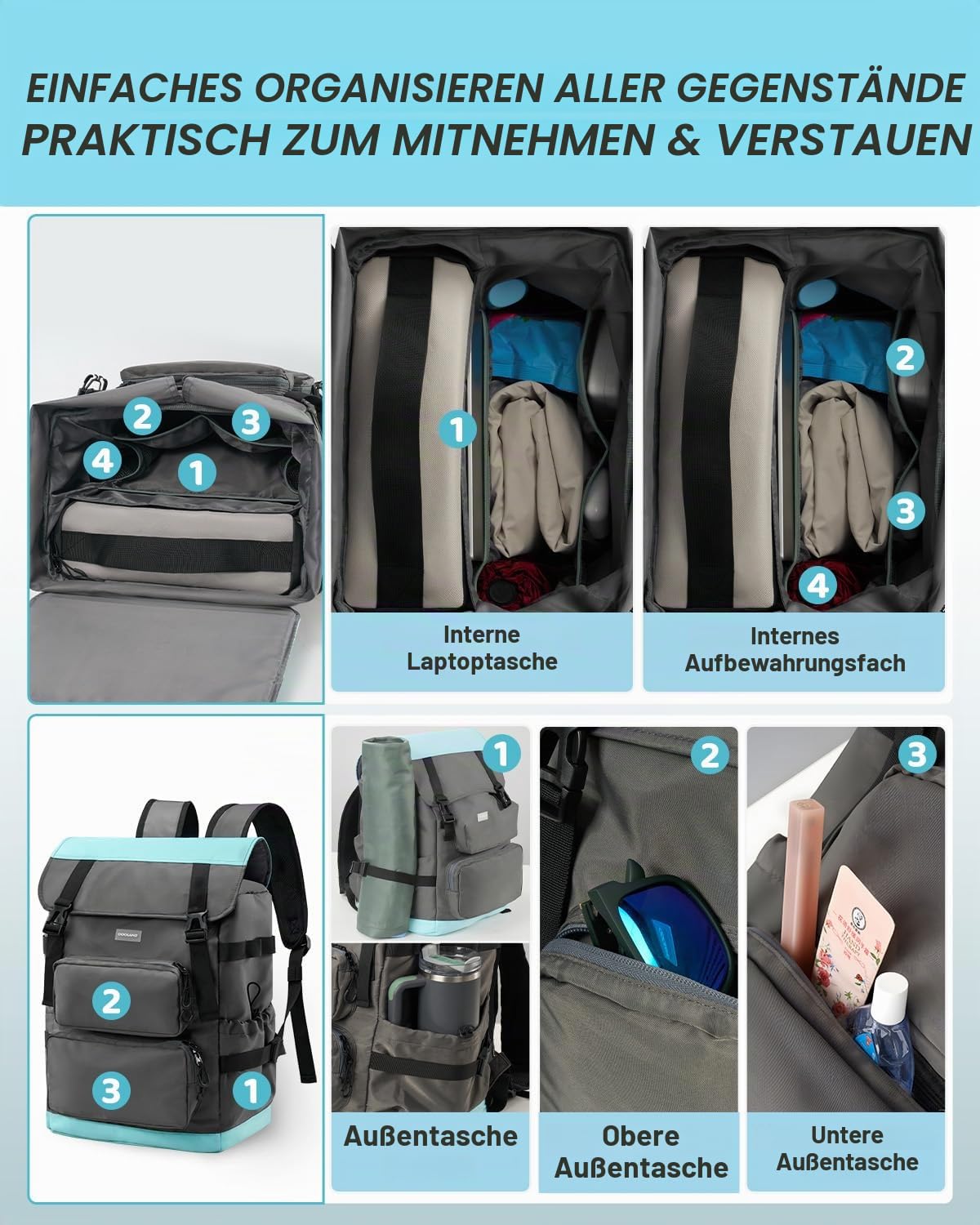Odoland 2 in 1 Kühlrucksack - Separat Nutzbare Kühltasche 9L und 26L Hauptfach, 10 Stunden Kältehaltung, Auslaufsicher, Wasserdicht, Isolierter Picknickrucksack für Einkaufen, Camping, Strand, Arbeit