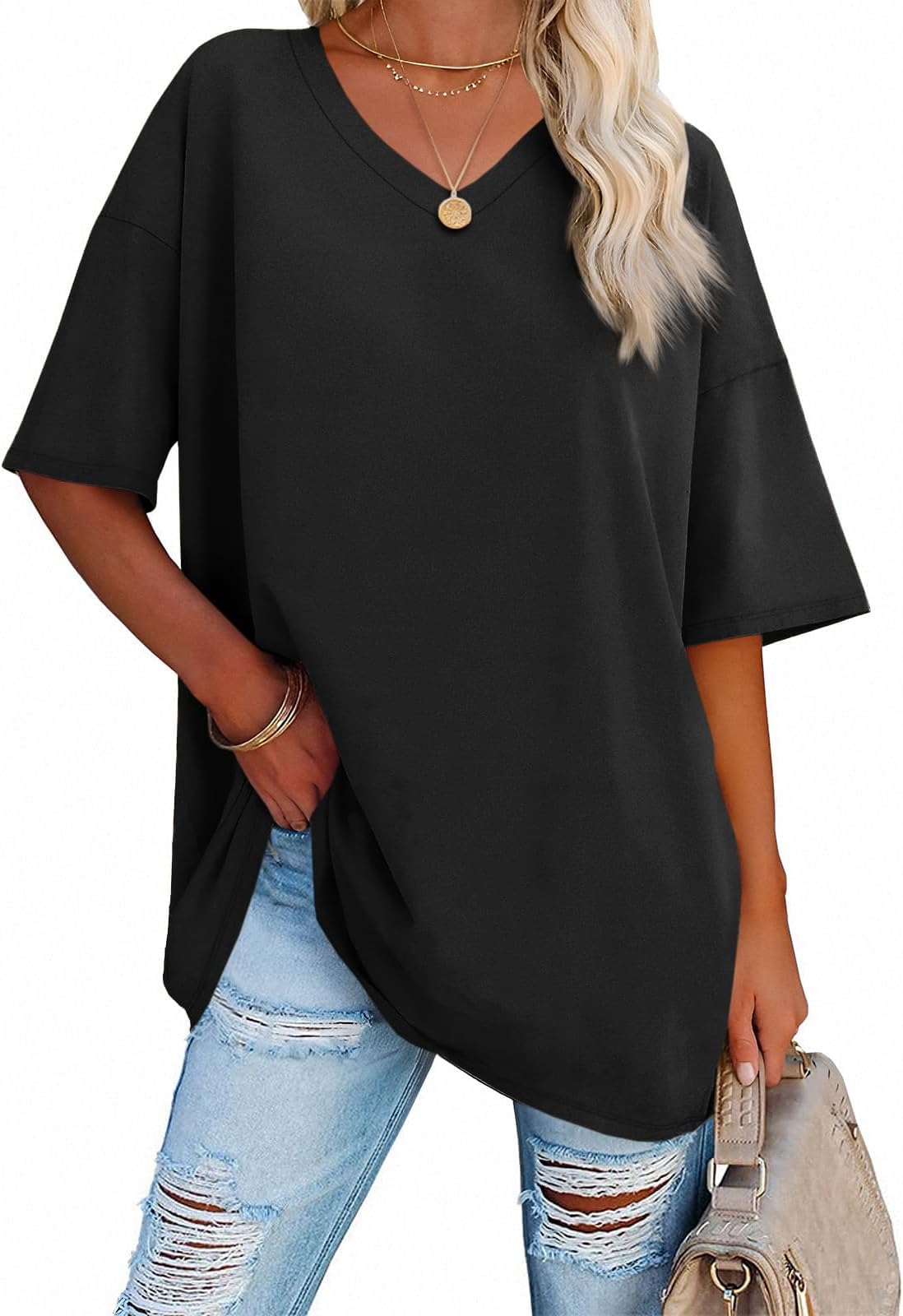 Womens Oversized Tshirts V Neck Tee Shirts Half Sleeve Loose Fit T Shirt Cotton Tunic Tops 2025