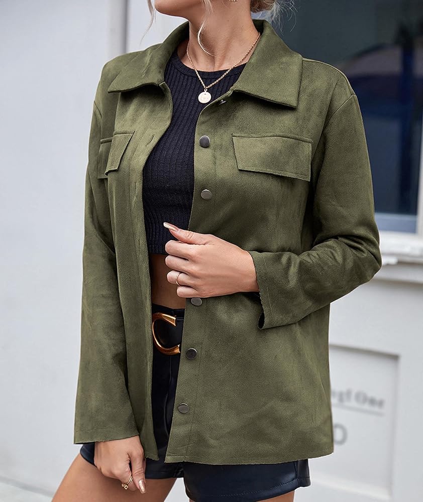 SOMTHRON Women's Faux Suede Shirt Jacket Soft Lapel Snap Button