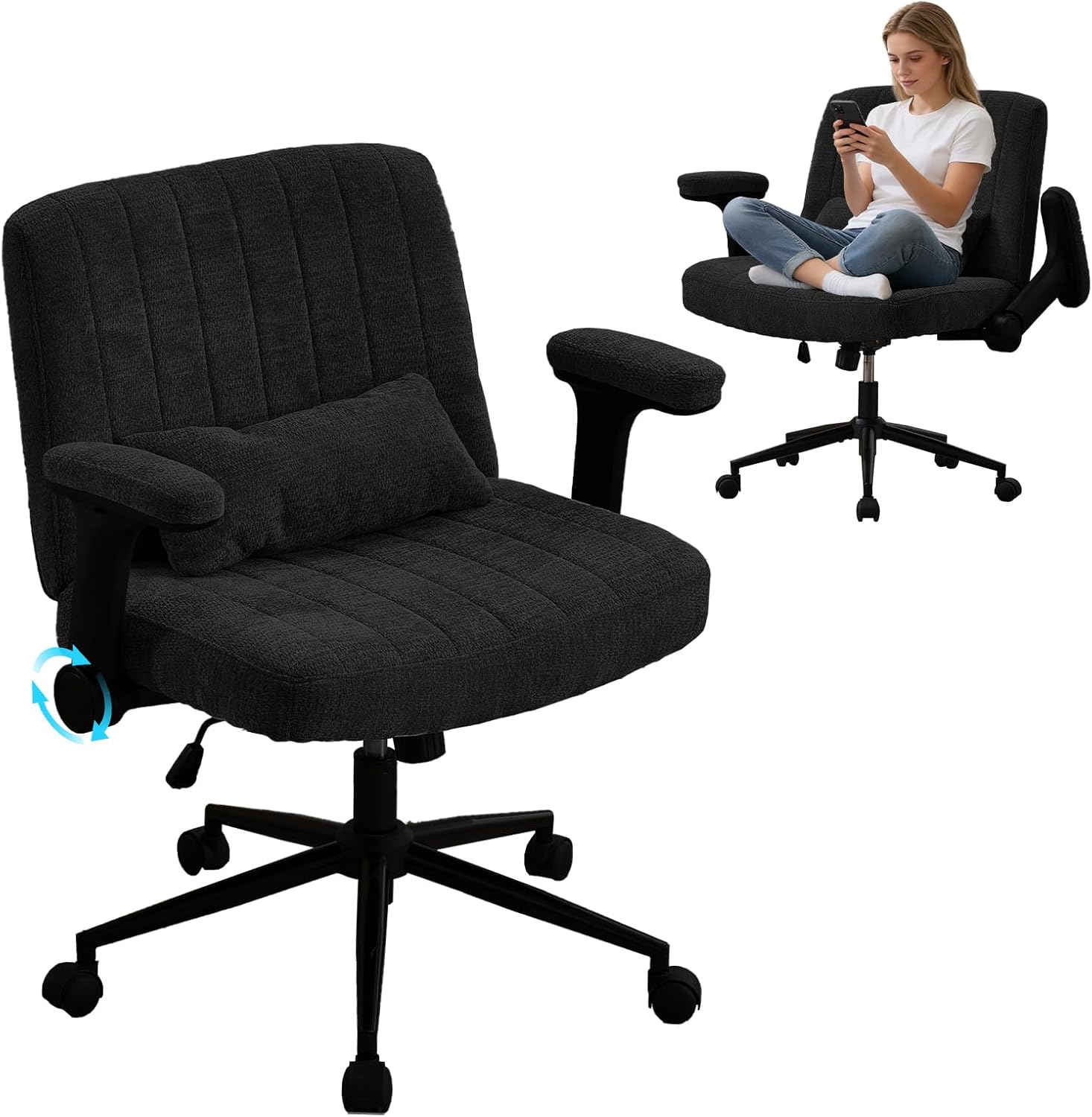 IPKIG Criss Cross Chair with Adjustable Flip-up Arms, Vanity Chair with Wheels, Comfy Desk Chair with Lumbar Pillow Swivel Wide Office Chair for Home Office, Bedroom, Chenille, Matte Black