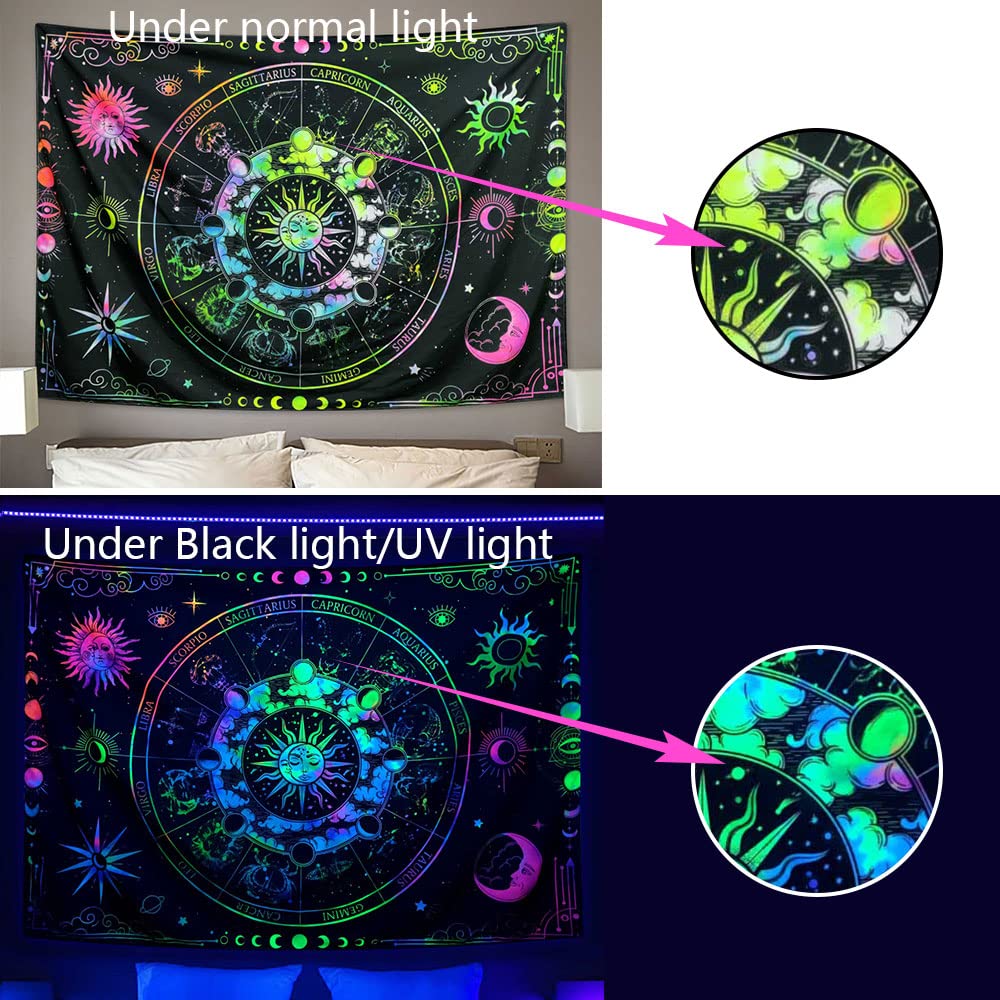 VEIGIKE Zodiac Astrology Blacklight Tapestry UV Reactive, Constellation Sun and Moon Stars Black Light Art Poster for Men Room Bedroom Decor, Psychedelic Glow in the Dark Blanket Party Decor 80