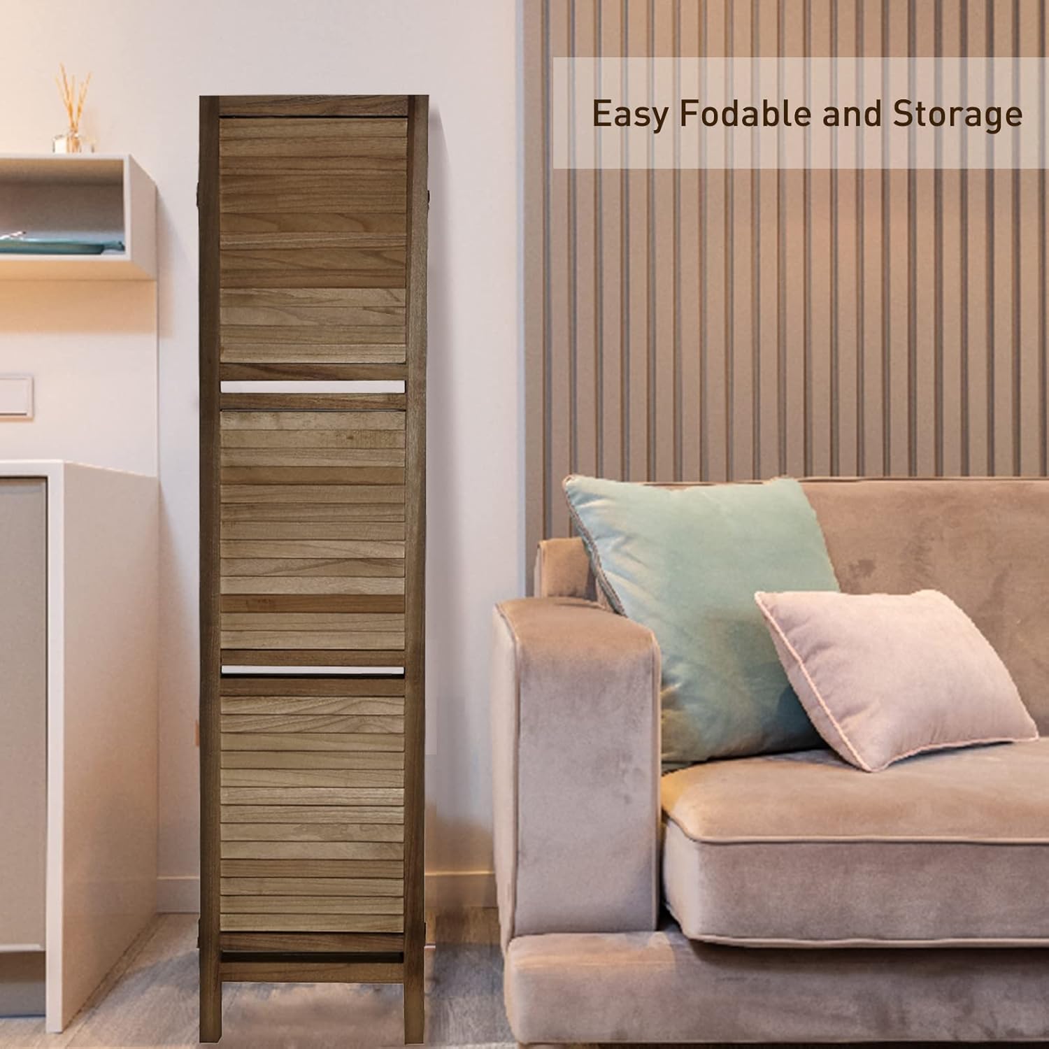 4 Panel Folding Privacy Screen, Room Divider with Shelves, 5.6ft Tall, Effectively Blocks Sight (Brown)