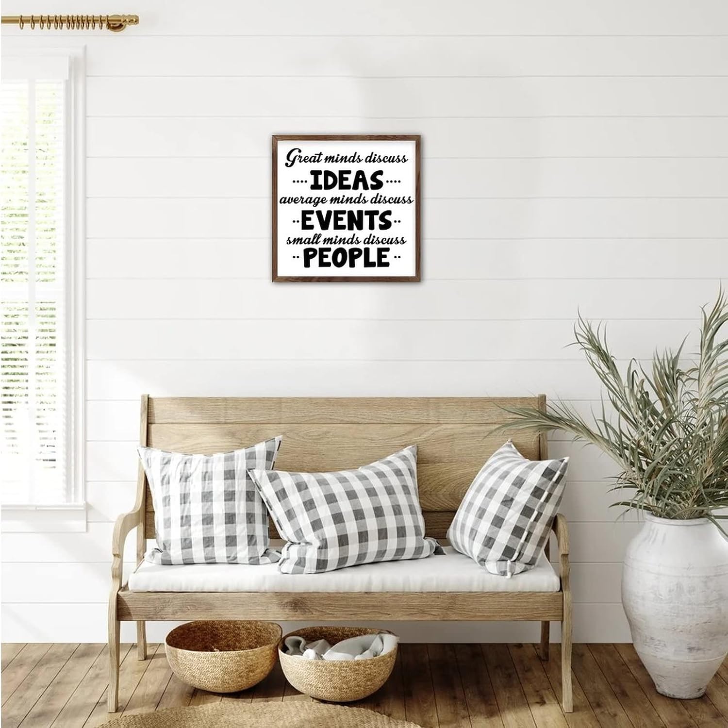 Rustic Style Hanging Wall Sign with Phrase Great Minds Discuss Ideas Average Minds Discuss Events Small Minds Discuss People Frame Wooden Plaque for Laundry Room Farmhouse Porch Wall Decor 12x12in