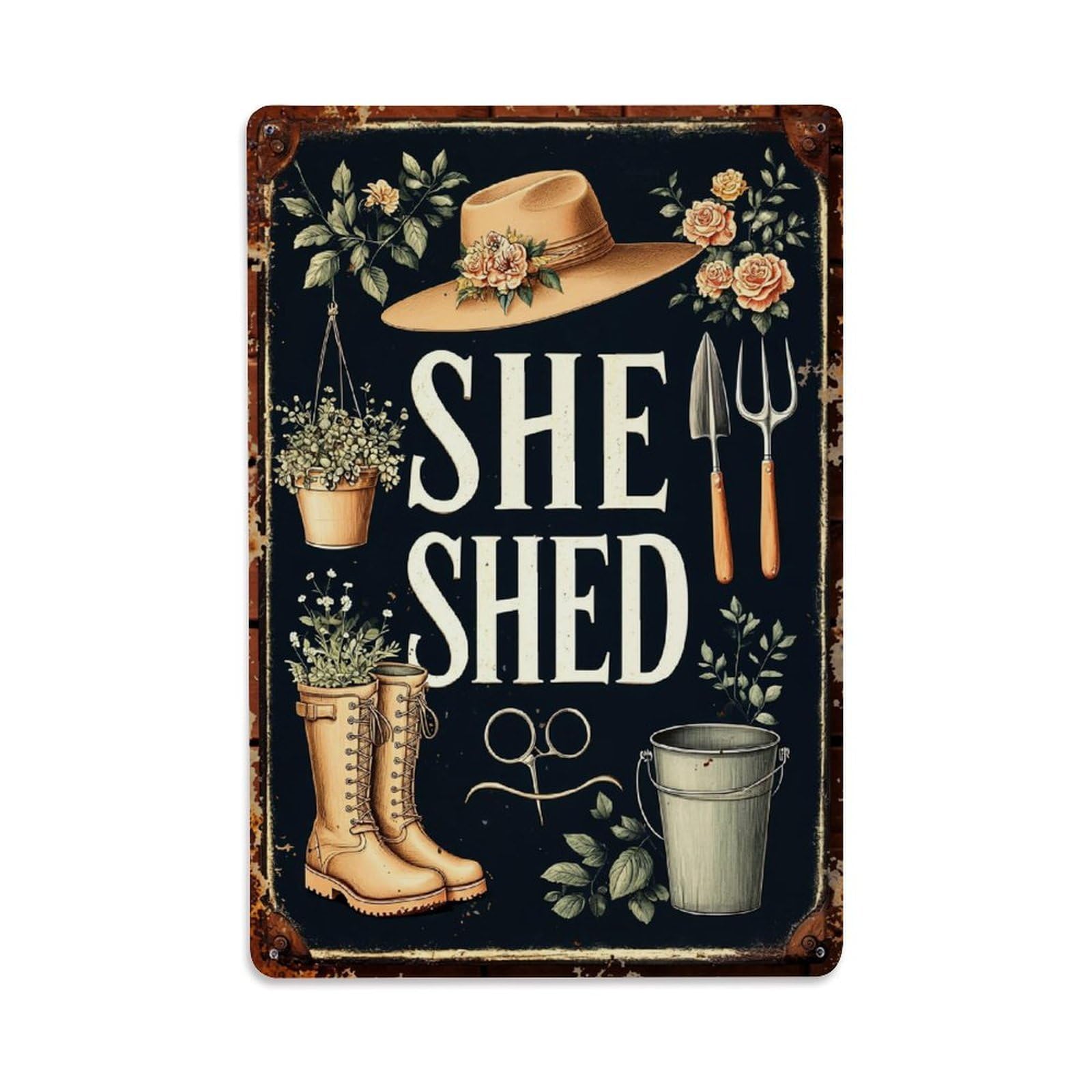 Jdfenggu Vintage She Shed Garden Tools Boots Retro Metal Tin Sign, Metal Poster For Bar, Home, Man Cave, Kitchen, Laundry Room Art Decor 8X12 Inch