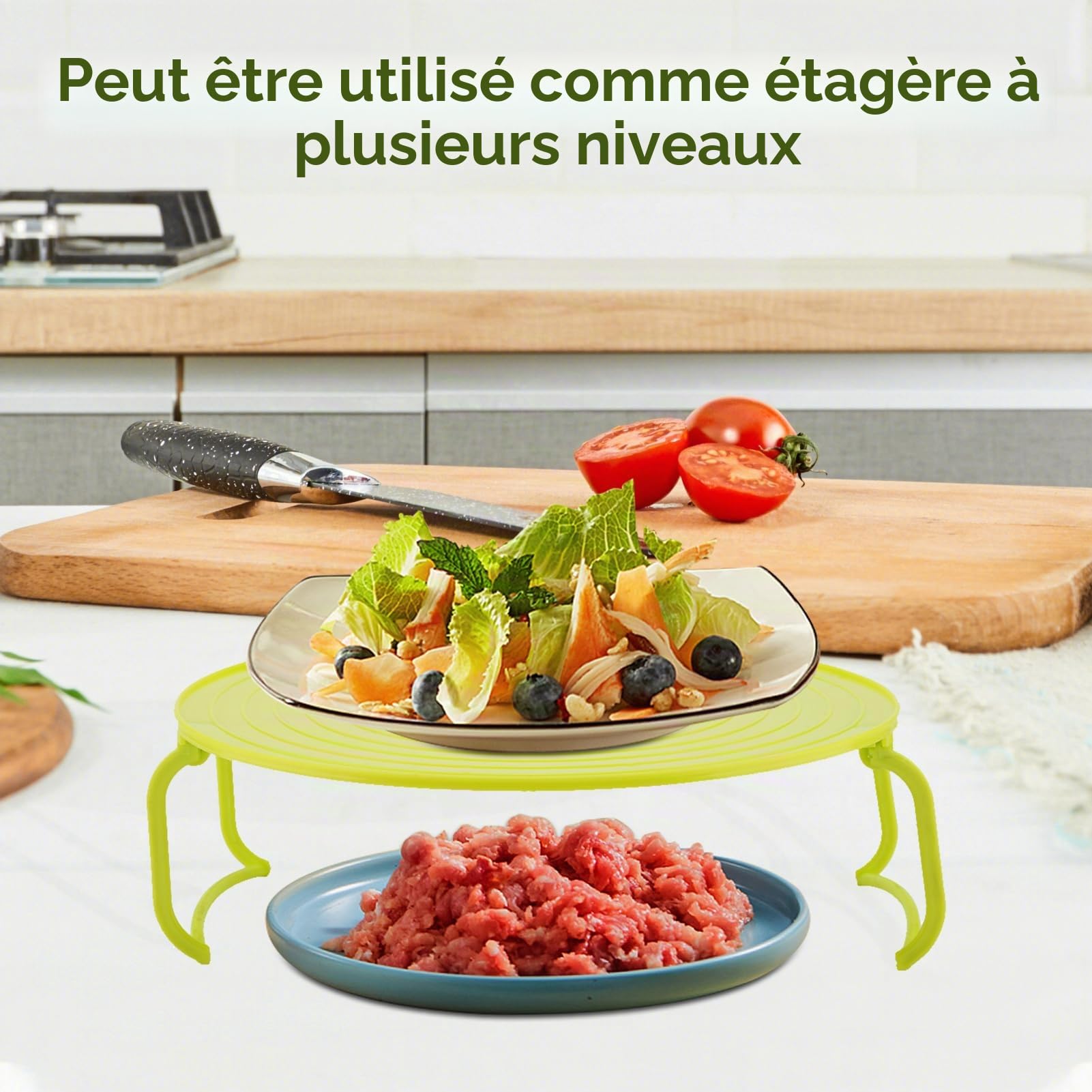 Cyrank Plateau de Grille à Micro-Ondes, Support de Plaque Multifonctionnel en Plastique, Support de Cuisson pour Four à Micro-Ondes Plateau de Cuisson à la Vapeur Pliable à Plusieurs Niveaux (Vert)