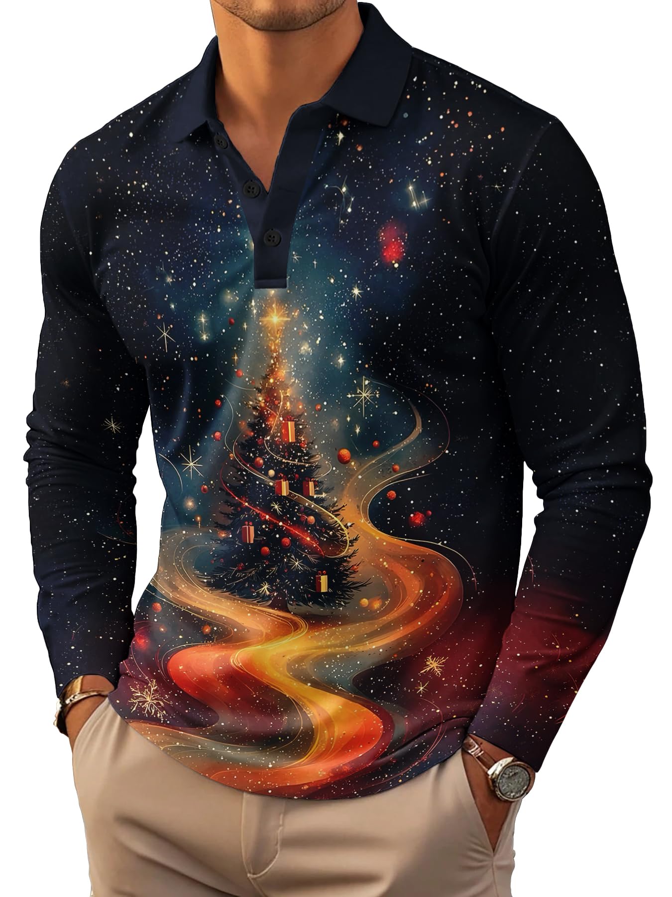 Men's Polo Shirt Regular Fit Casual Golf Long Sleeve Collared T-Shirts Funny Casual Christmas Shirt Xmas Gifts