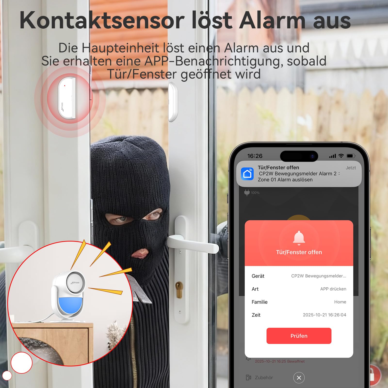 CPVAN WiFi Alarmanlage Haus mit PIR-Bewegungsmelder,Drahtloses DIY-Smart-Alarmsystem mit 6 Tür-/Fenstersensoren für Sicherheit – Lokalaler Alarm & App-Benachrichtigung, Weiß