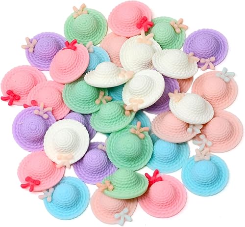 Honbay 36 dijes de slime de dibujos animados, mini sombrero de paja, cabujones de resina con parte trasera plana, adornos lindos para accesorios