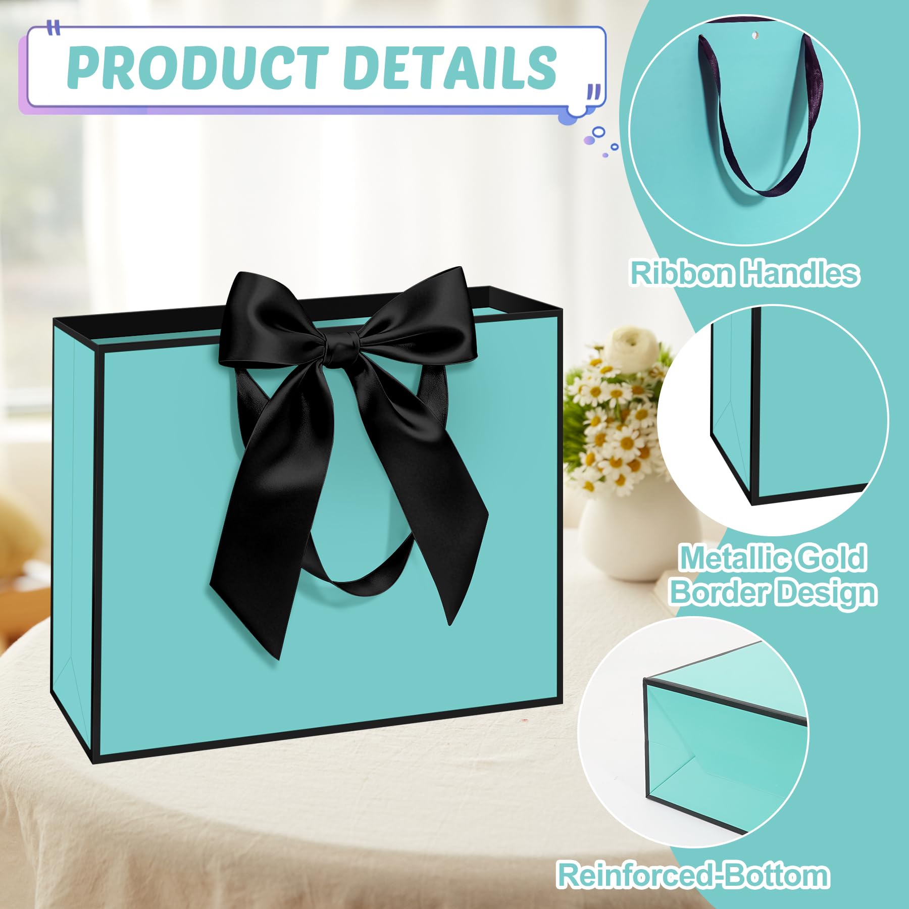 Patdefie 12 Pack Teal Gift Bags with Handle 12.5x10x4.3 inch Thank You Favor Welcome Bags Return Gifts for Wedding Mothers Graduation Baby Shower Birthday Thanksgiving(teal balck)
