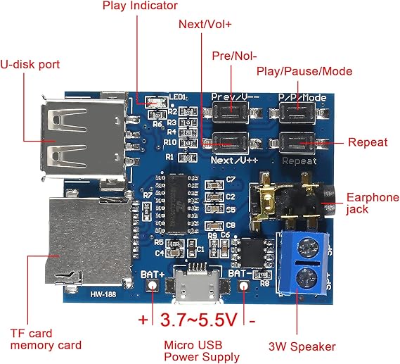 8pcs MP3 Decoder Player Module TF Card U Disk Play with Audio Amplifier Audio Decoding Player Module Micro USB 5V Power Supply