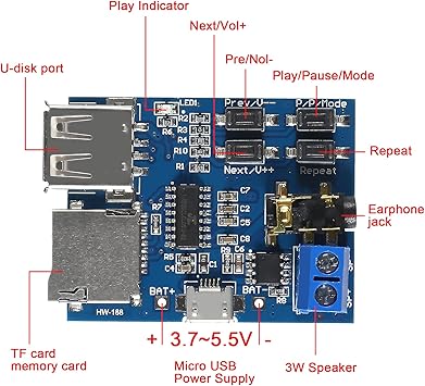 8pcs MP3 Decoder Player Module TF Card U Disk Play with Audio Amplifier Audio Decoding Player Module Micro USB 5V Power Supply