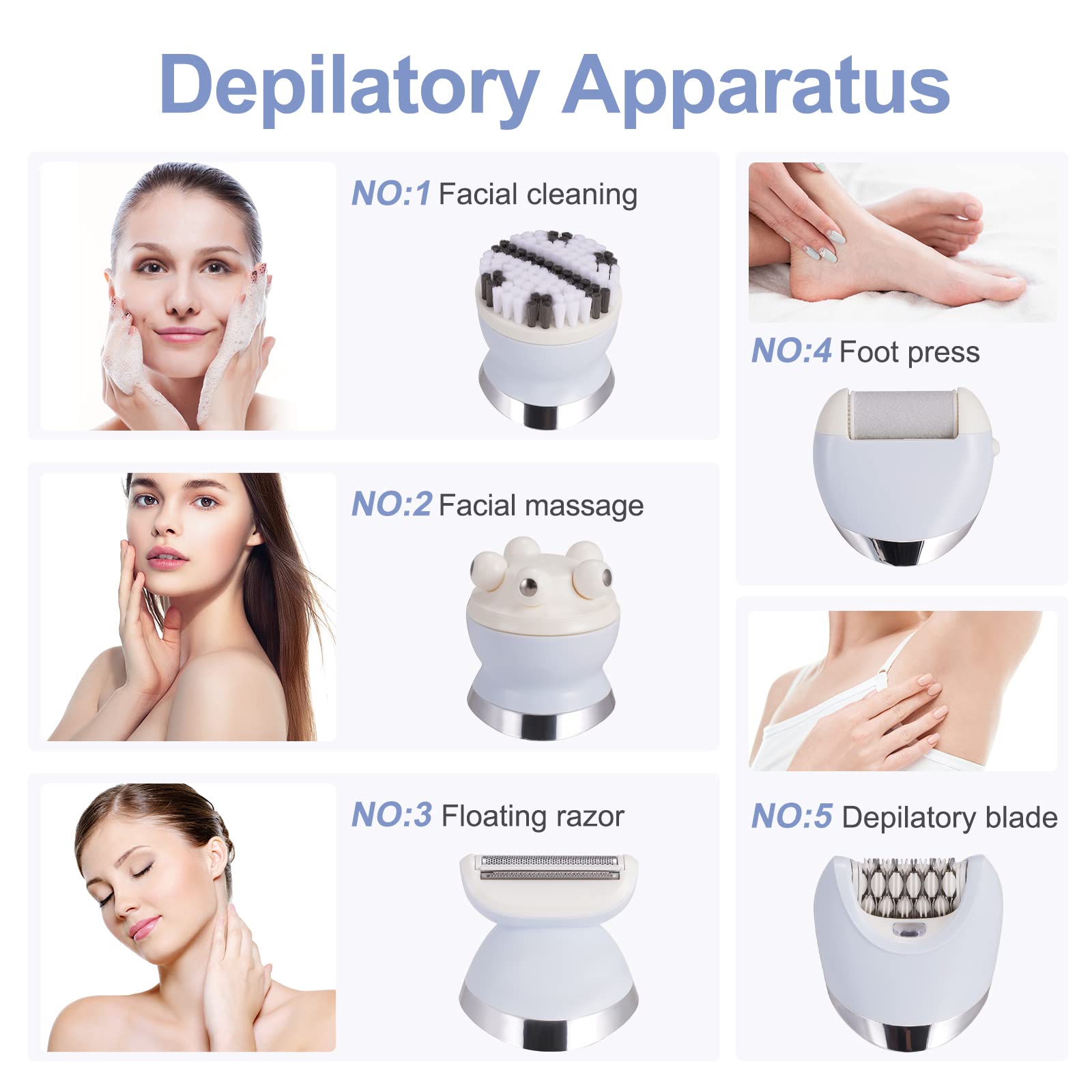 Epilateur Electrique Femme, 5 en 1 Rasoir Electrique sans Fil Rechargeable avec 2 Vitesses pour les Jambes et le Corps épilation, Épilateur électrique avec Exfoliant, Nettoyage et Massage du Visage