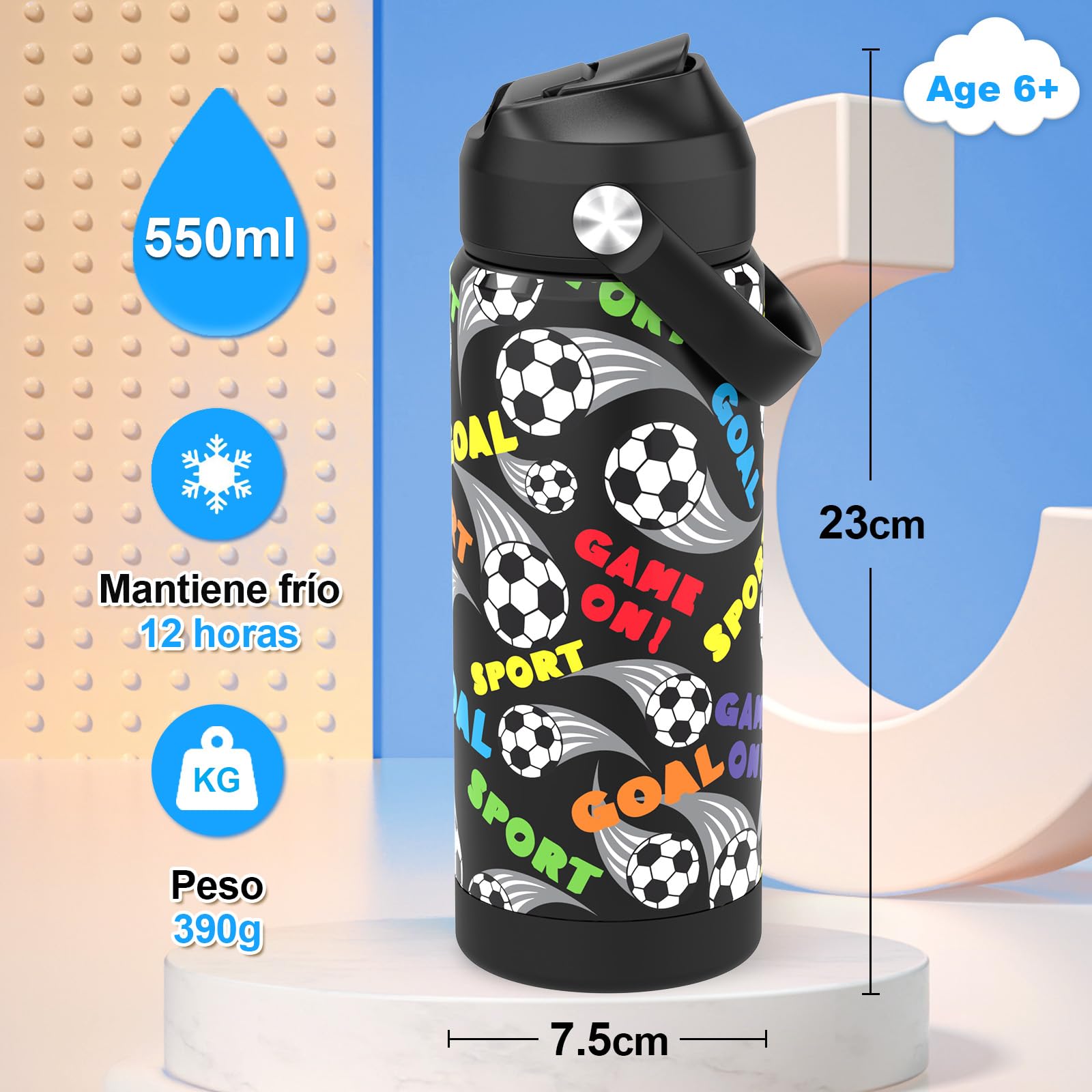 Botella De Agua Aislada Para Niños Con Pajita,550 Ml,taza Infantil De Acero Inoxidable,a Prueba De Fugas-sin Bpa,para La Escuela（Fútbol）
