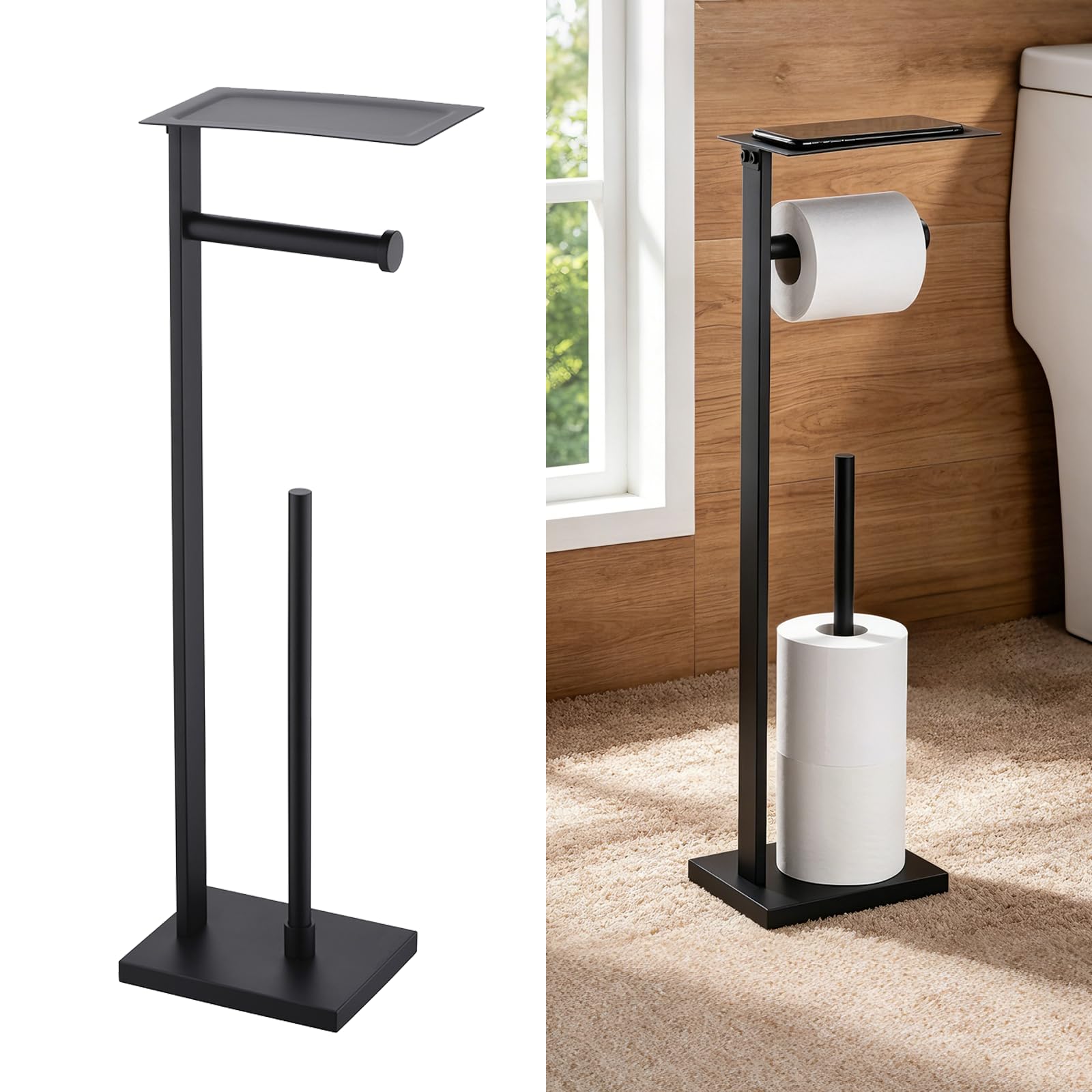 Miyili Portarotolo autoportante nero opaco con mensola, dispenser di carta per asciugamani di carta organizer per bagno stile quadrato, F04B2