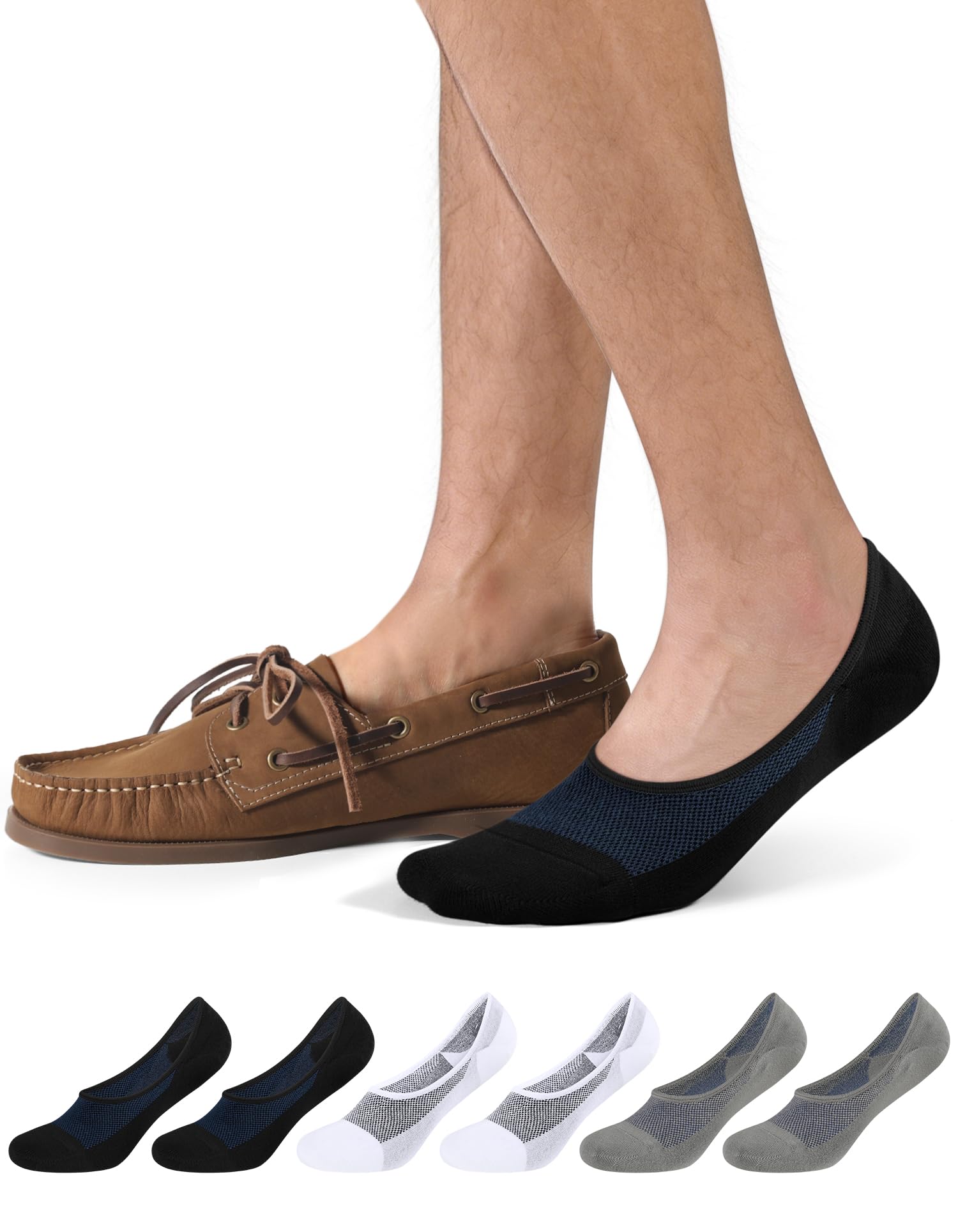 CLOSEMATE 6 Paia Calze Fantasmini Uomo in Cotone per Mocassini e Loafer | Estivi invisibili, silicone antiscivolo, taglio basso, disponibili in nero, bianco e grigio.