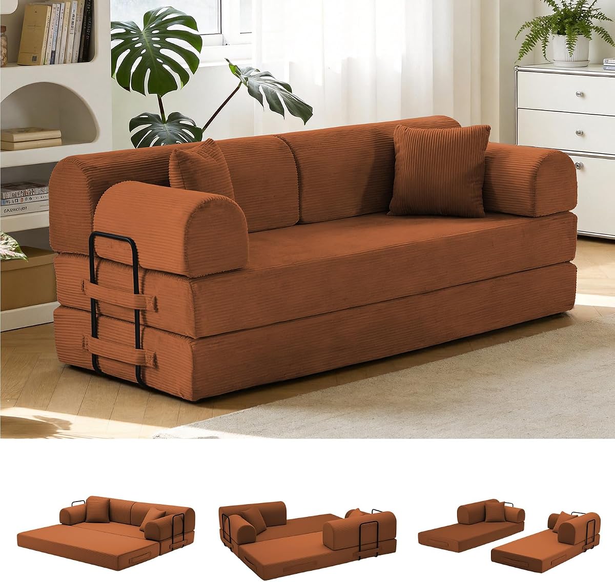 79'' Convertible Sofa Bed, 6 in 1 Folding Floor Futon Couch Sleeper with Fixed Frame, Corduroy Modular Sofa Bed with Removable Armrests & Pillows, No Assembly for Living Room Bedroom (Orange)