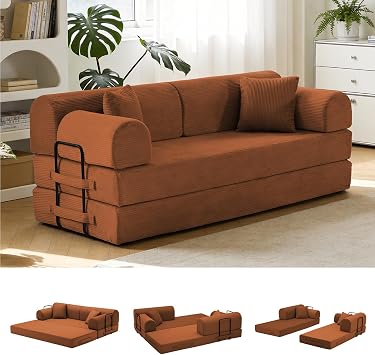 79 Convertible Sofa Bed, 6 in 1 Folding Floor Futon Couch Sleeper with Fixed Frame, Corduroy Modular Sofa Bed with Removable Armrests & Pillows, No Assembly for Living Room Bedroom Orange