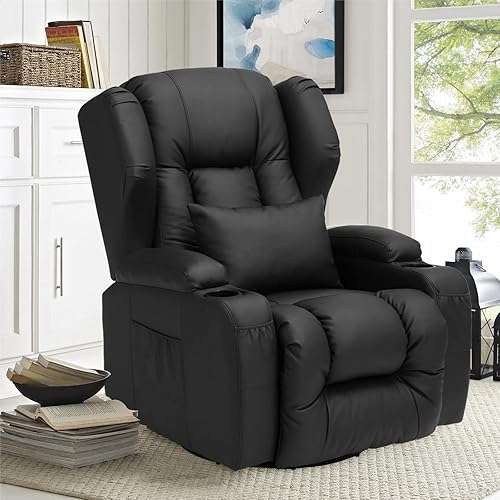 Rocker Recliner Chair Faux Leather Nursery Glider 360 Degree Swivel Recliner with Cup Holders/Side Pockets/Lumbar Pillow for Living Room (Black PU)