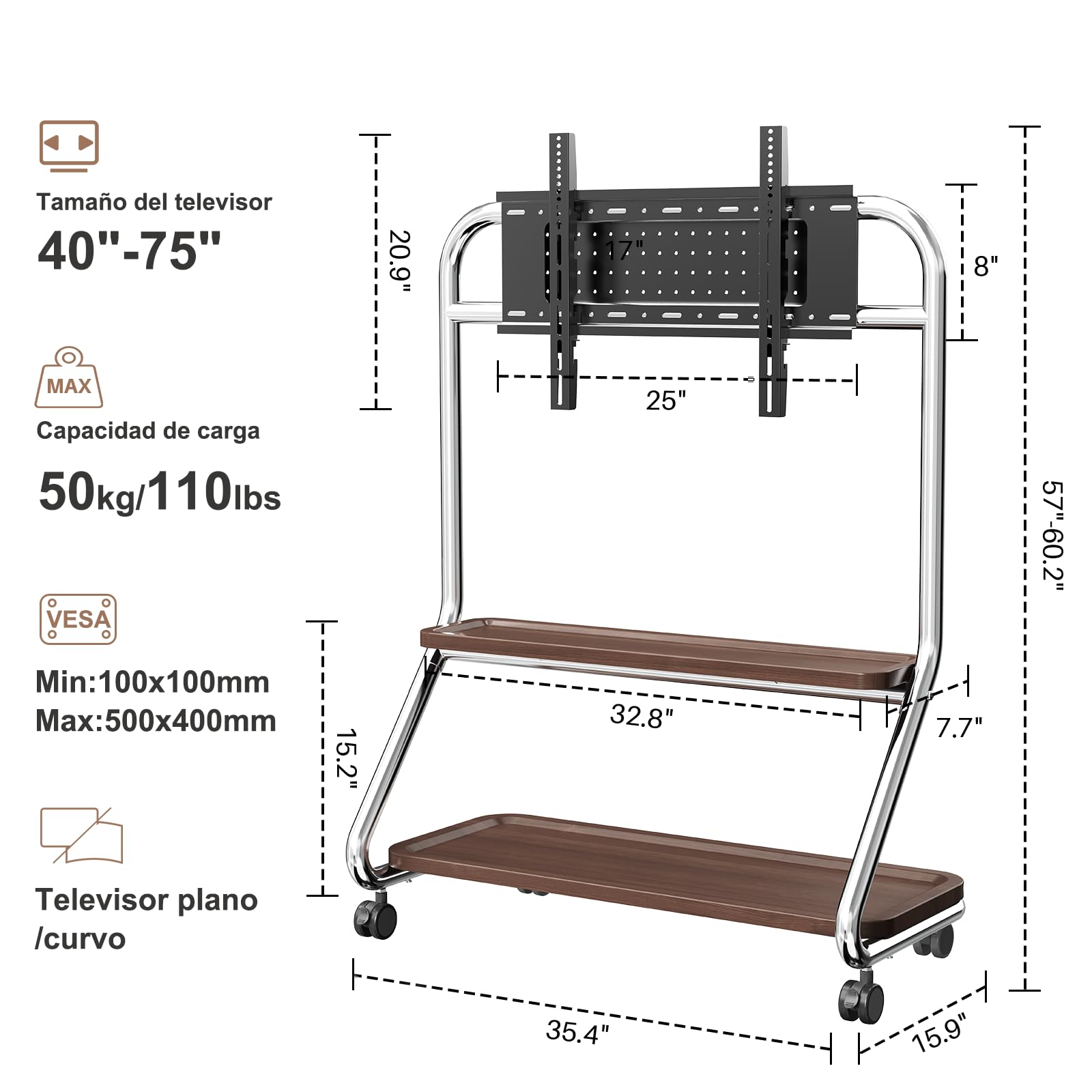 Soporte para TV con 2 estantes de madera y placa perforada para 32-75 pulgadas, color plateado