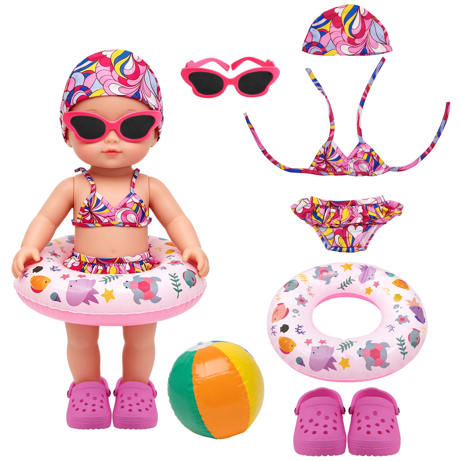 Set de Bain pour Poupées,6PCS Maillot de Bain pour poupée,Tenue de Piscine de Poupées,Vêtements de Bain pour poupée,avec Maillots de Bain,Chapeau,Lunettes,Accessoires de poupée pour 35-43 cm