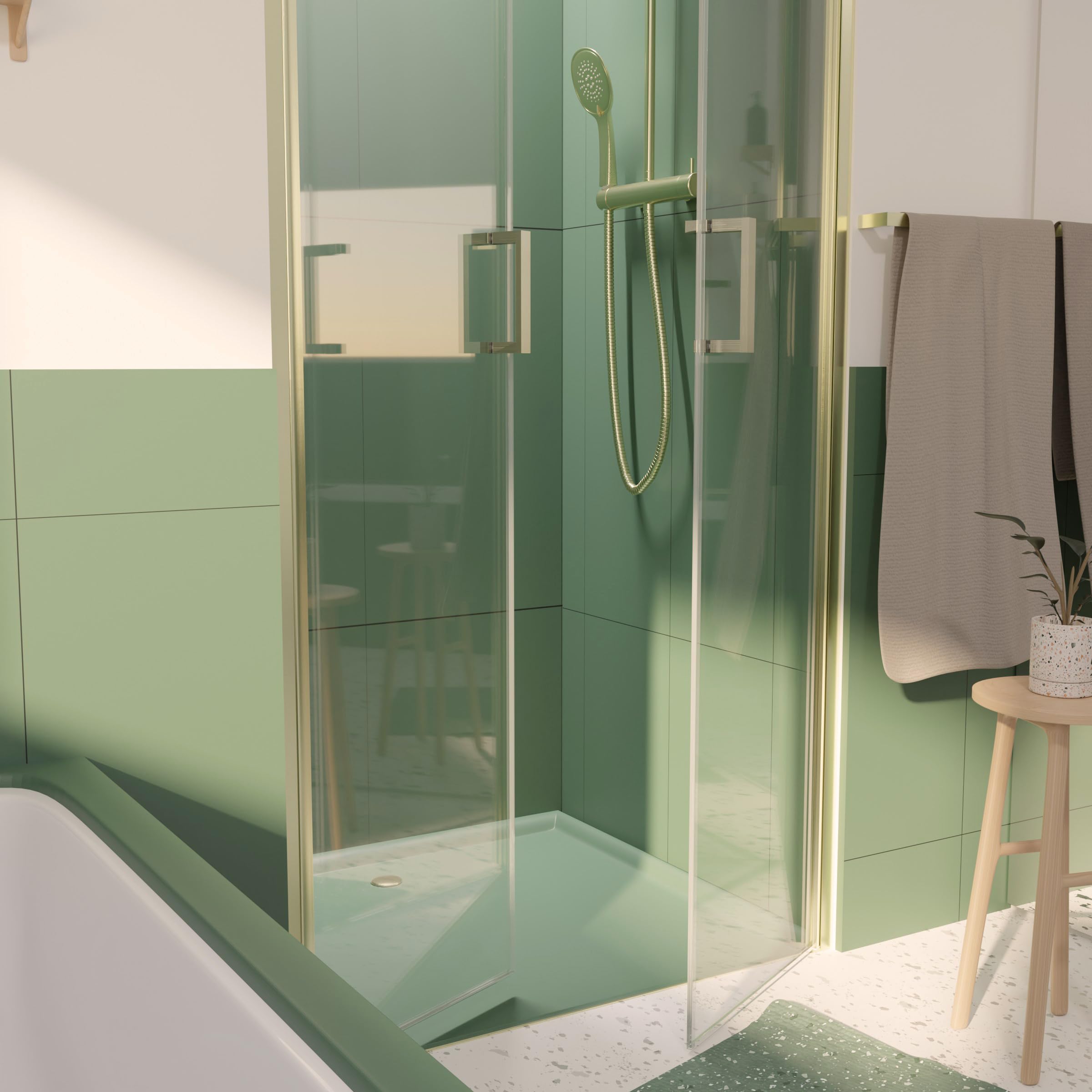 Porte de Douche Double Battant 90x200cm - Verre Trempé Transparent 6mm - Profil Or Doré Brossé