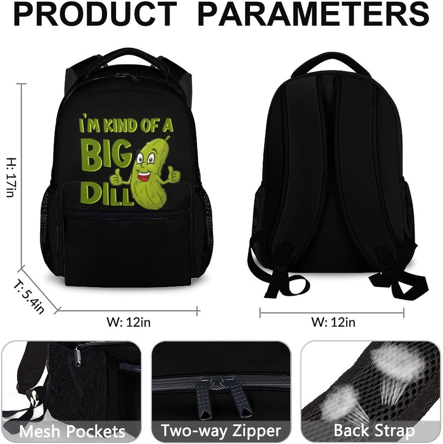 Pickle Backpack for Kids Boys & Girls, 17" Funny Backpack for Teens, Large Capacity Lightweight Black Bookbag for School, Travel