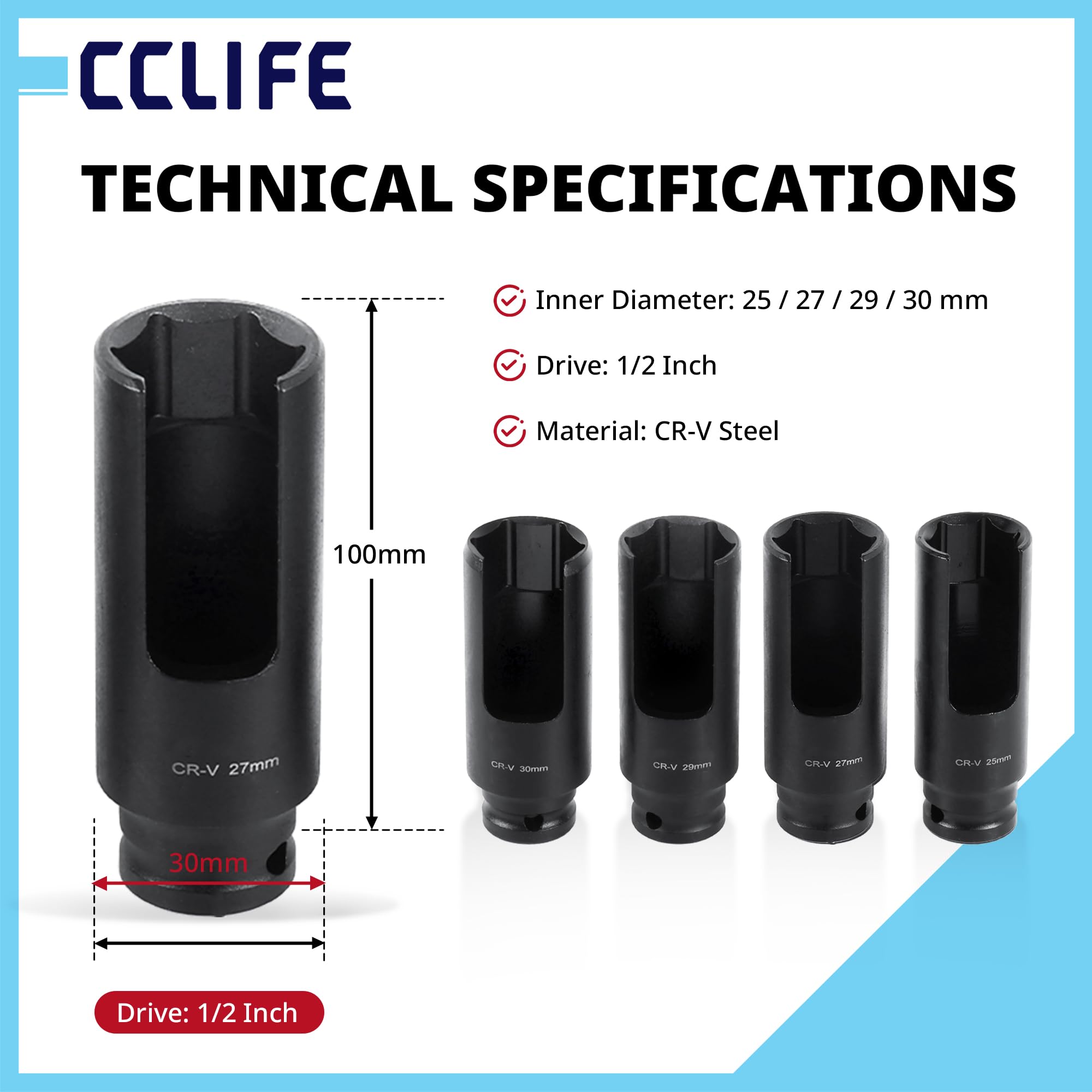 CCLIFE Dysze wtryskowe do silników diesla, zestaw 4-częściowy, 25, 27, 29, 30 mm, 1/2 cala, zestaw narzędzi do wtryskiwacza CR-V, do naprawy silnika Common Rail do naprawy samochodu, warsztatu