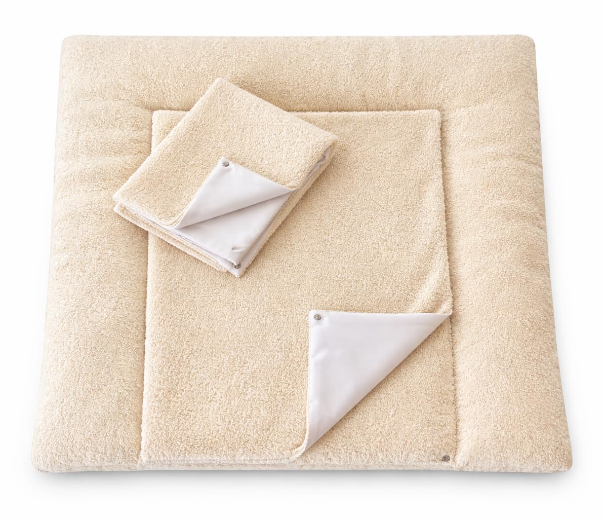 Wickelauflage Set 3-teilig – Wickelunterlage aus Waffelstoff mit Druckknöpfen – Baby Wickelauflage mit 2 Frottee Overlays – Wickeltischauflage –75X75cm (Breite x Tiefe), Hellbeige