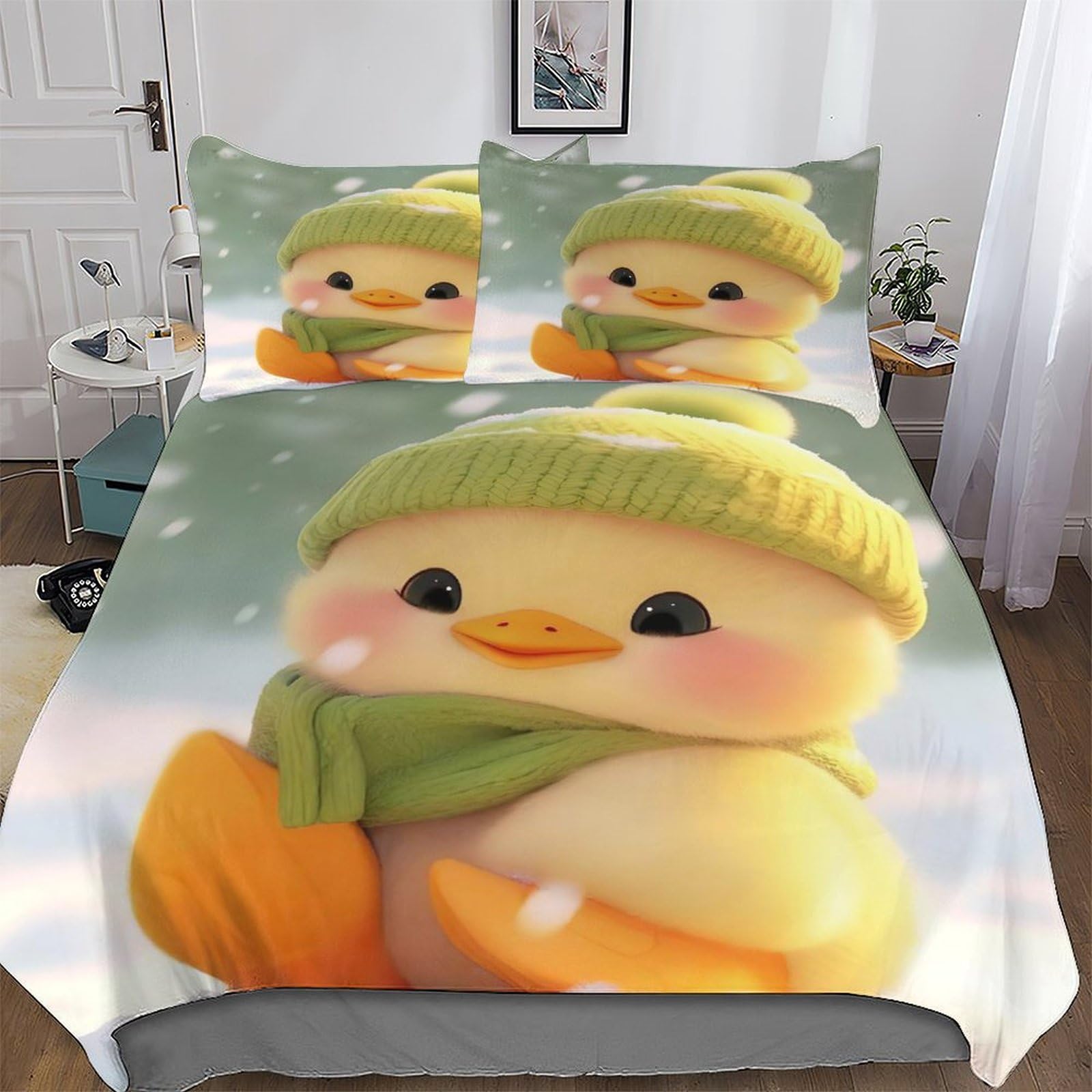Little Yellow Duck Duvet Cover Set 3 Pcs Soft Quilt Cover Microfiber Bedding Set with Pillowcase for Kids Adult Comforter Cover Double (200x200cm)