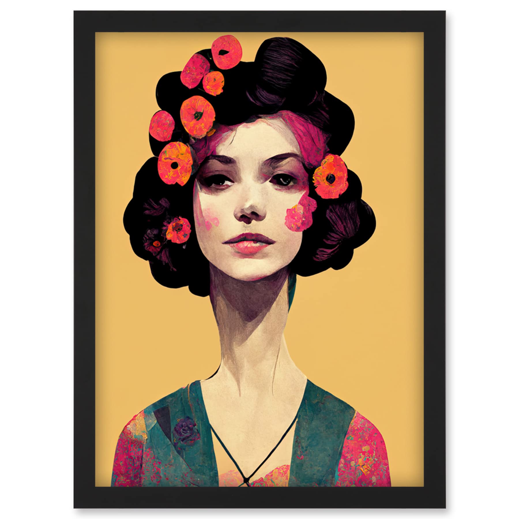 Doppelganger33 LTD Elegant Vintage Boho Portrait Floral Hair Woman Artwork Framed Wall Art Print A4