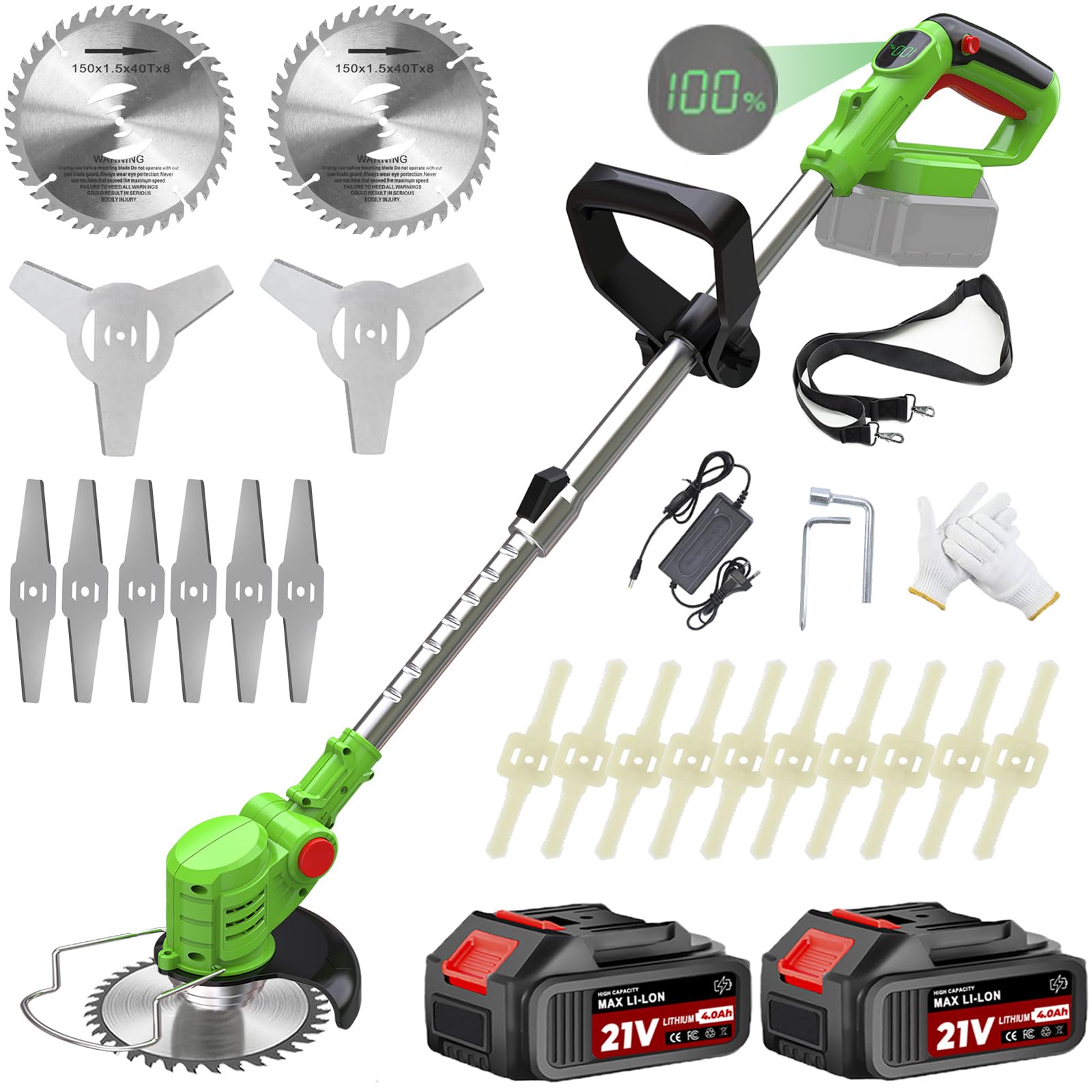 21V Strimmer, Cordless Strimmer with 2×2.0Ah Batteries, Garden Strimmers with 3 Types Blades, Height Adjustable Battery Strimmers/Grass Trimmer for garden, lawn and villa