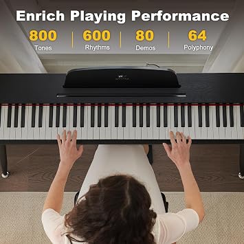 MUSTAR 88 Key Piano Keyboard with Bench, Home Digital Piano for Beginners | 88 Semi Weighted Keys, 800 Tones, 600 Rhythms, 80 Demo, 3-Pedal Unit, Furniture Stand, USB MIDI, Wireless Connection, Black
