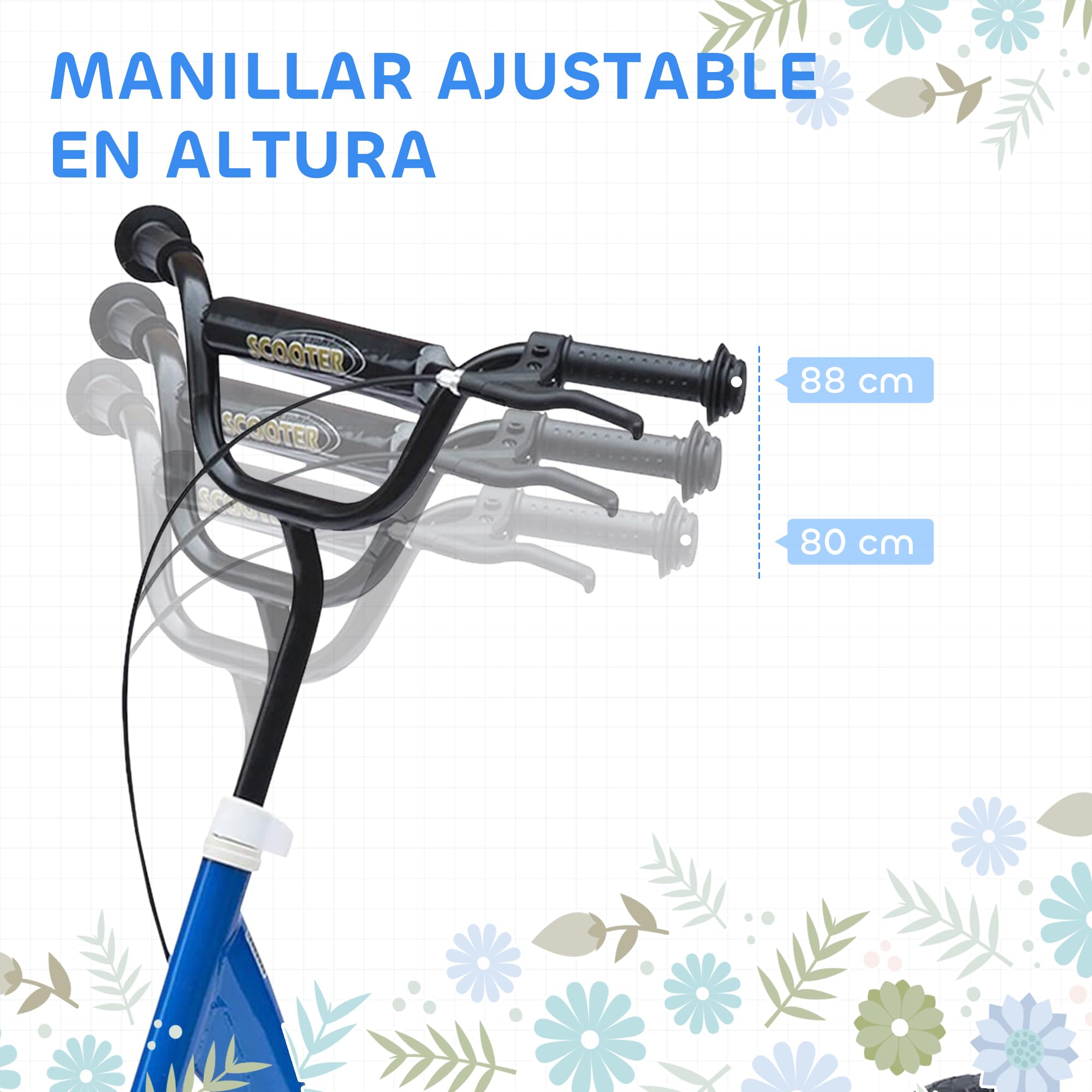 HOMCOM Patinete Scooter 2 Ruedas 12 Pulgadas Monopatín para Niños y Adultos Manillar Ajustable con Freno y Caballete Carga 100kg 120x52x80-88cm Acero