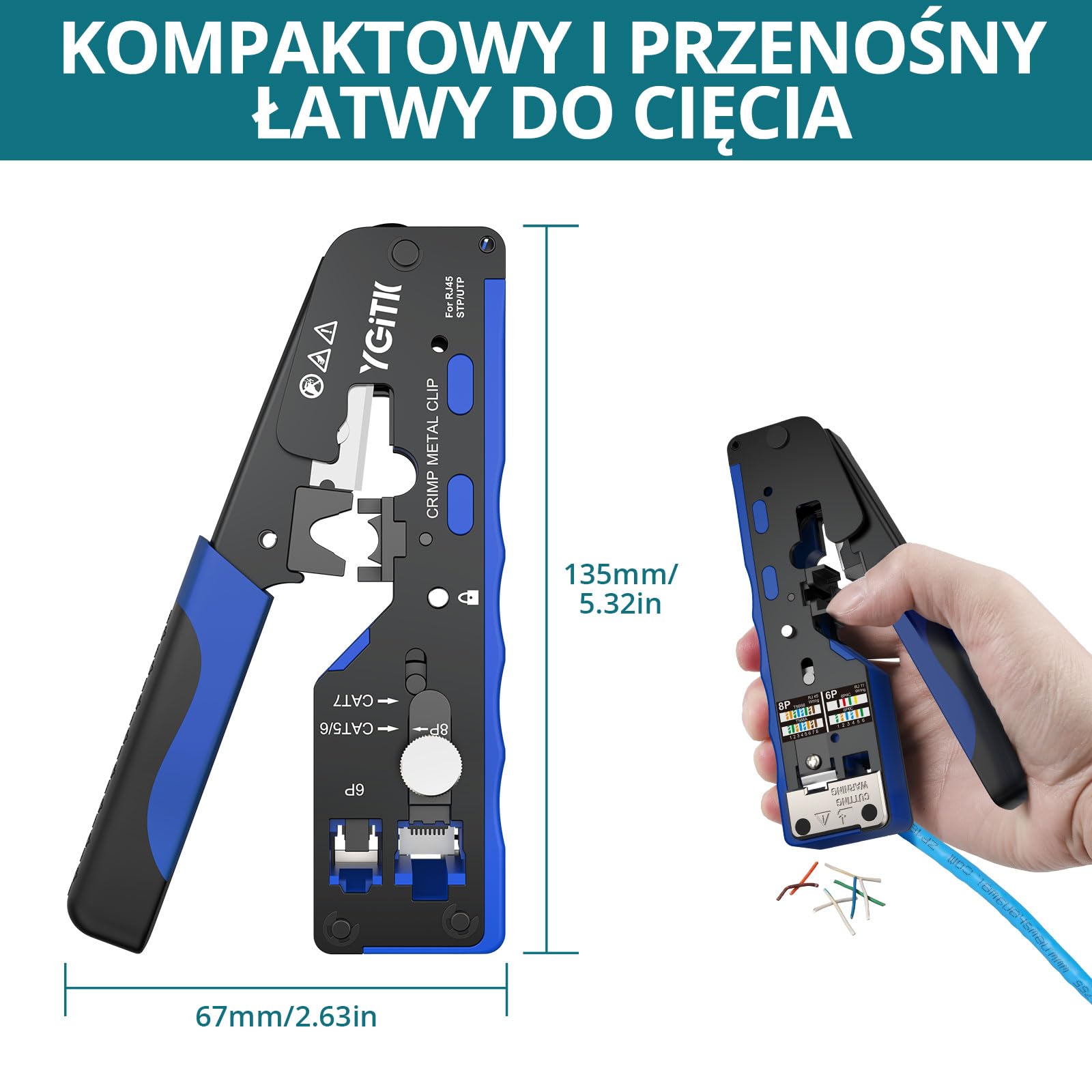 Cat7 Sieciowe narzędzie do zaciskania 3-w-1 Zestaw narzędzi do zaciskania Ethernet dla Cat5/Cat6/Cat7 - Przechodnia zaciskarka RJ45, Tester kabli, Ściągacz przewodów z 50 złączami (20 Cat7 + 30