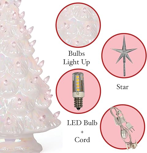 Miniatura 5 de Milltown Merchants Árbol de Navidad de cerámica – Árbol de Navidad de mesa con luces – (árbol de Navidad blanco perla mediano de 11.5 pulgadas /