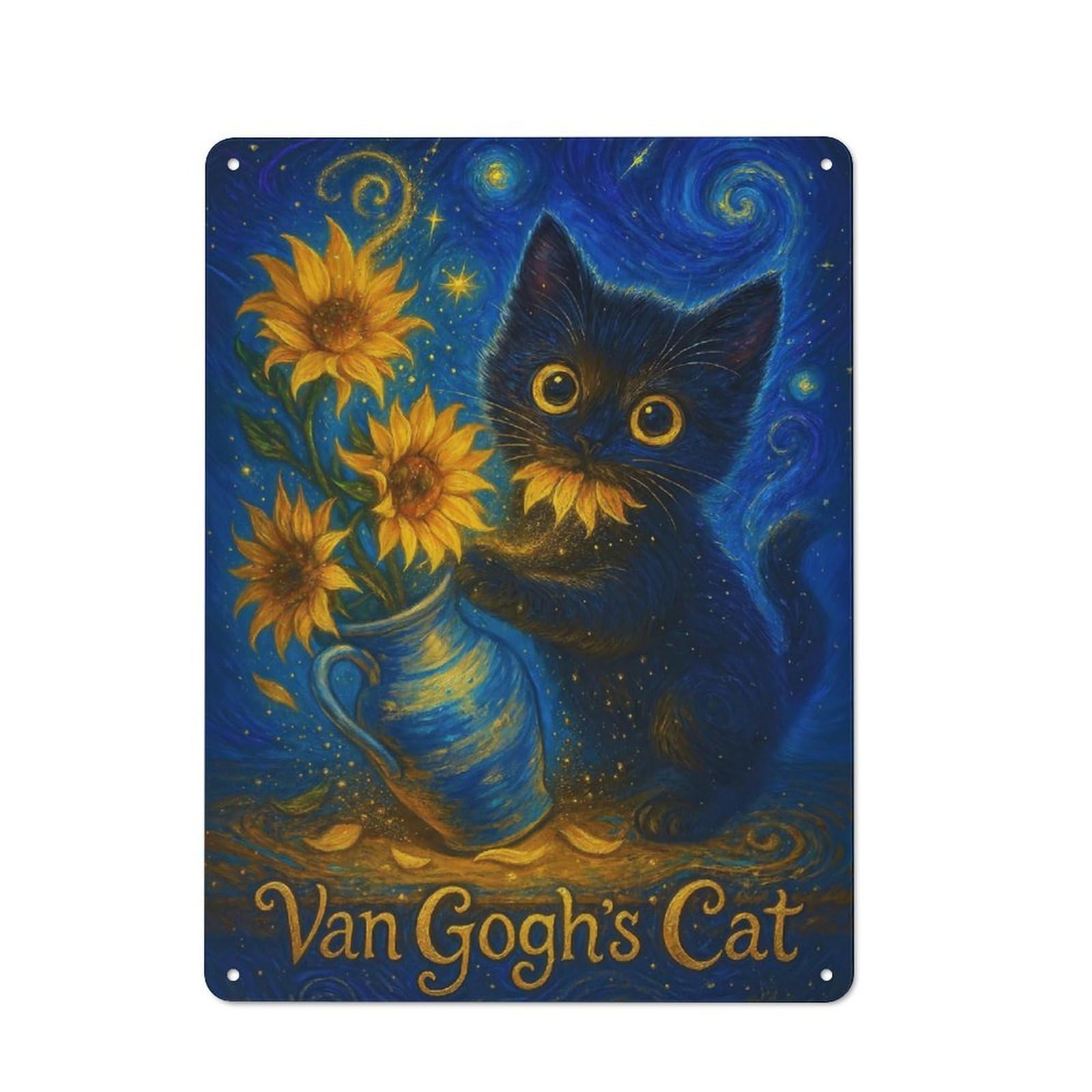 Metal Wall Sign 40x30cm Featuring Starry Night Black Cat with Sunflowers for Café Or Restaurant, for An Autumn Wall Display in Café And Restaurant