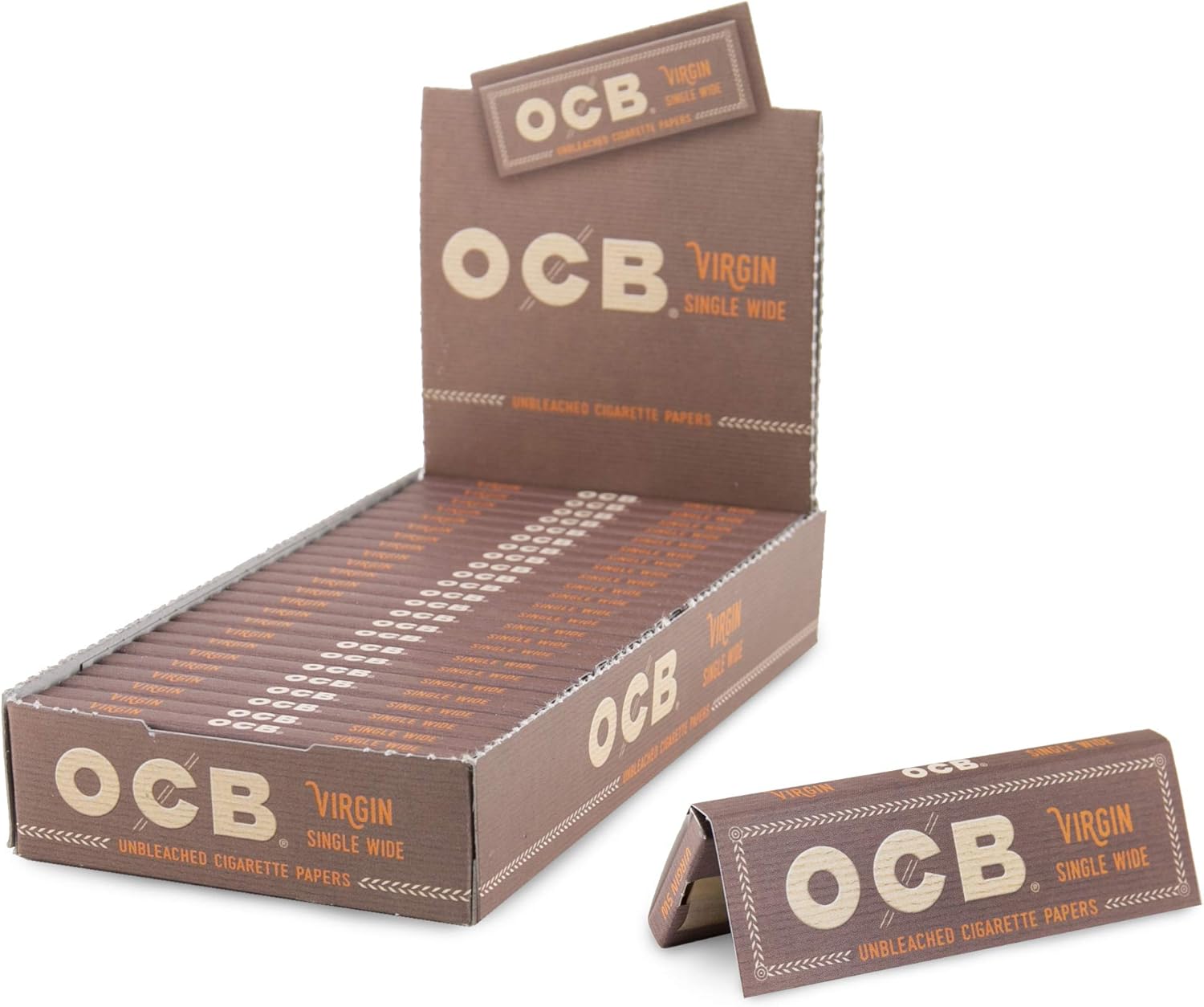 OCB Rolling Papers - Virgin Series - Unbleached Minimally Processed Super Thin - 24 Count Bulk Display Pack - (Single Wide)