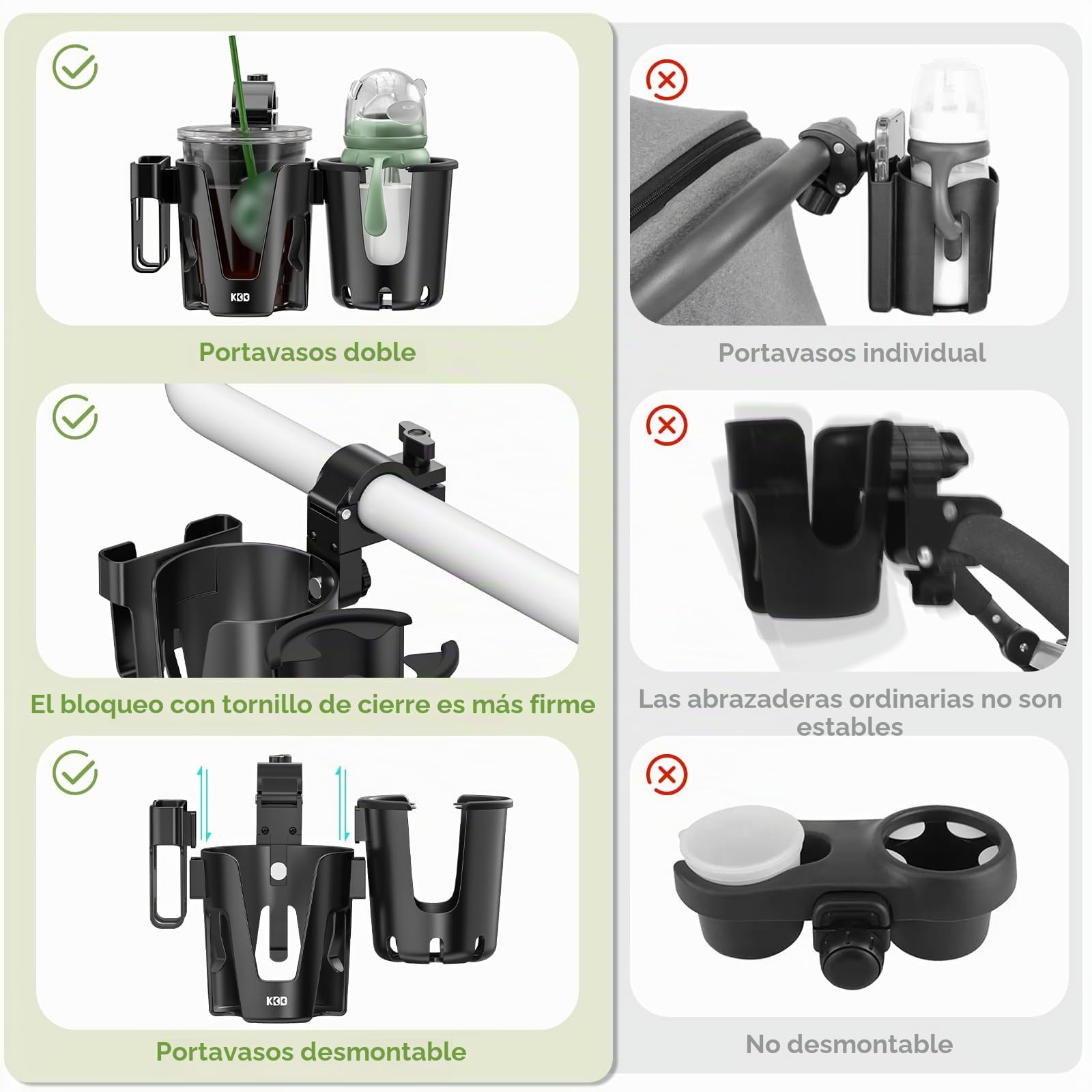 KDD Portavasos para Cochecito con Soporte Teléfono, 3 en 1 Portavasos Carito Bebe Extraíble, Portabotellas para Silla Rotación de 360 Grados Soporte para Vasos para Cochecito Bicicleta Andador Scooter