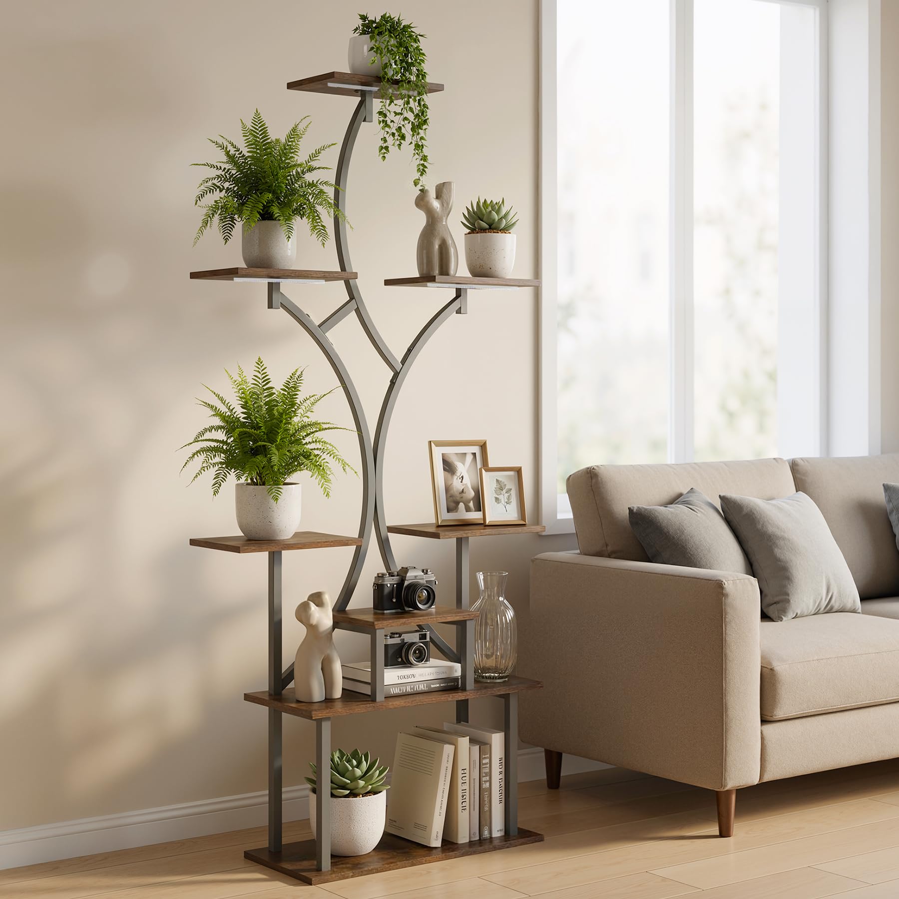 Soporte Plantas Interior con Luz de Crecimiento, 162 cm de Alto, Estanteria Plantas 8 Niveles, Soporte para Planta Madera & Metal para Salón, Terraza, Jardín, Balcón, Decoración Del Hogar