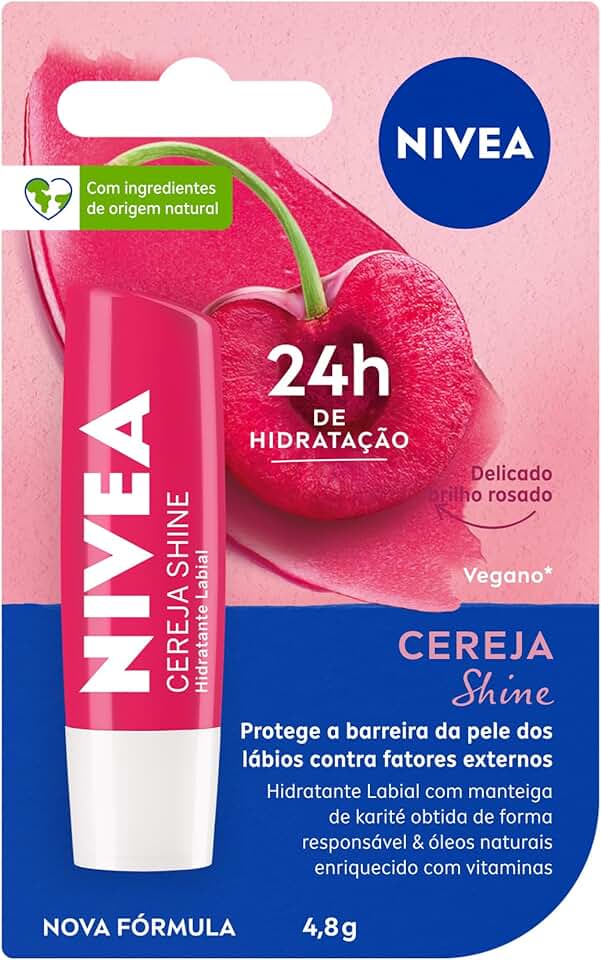 NIVEA Hidratante Labial Cereja Shine 4,8g, Hidratação Intensa 24h, Cor Suave, Brilho Delicado, Cuidado Diário, Manteiga de Karité