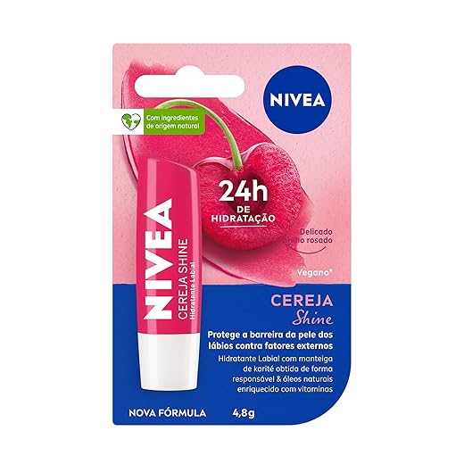 NIVEA Hidratante Labial Cereja Shine 4,8g, Hidratação Intensa 24h, Cor Suave, Brilho Delicado, Cuidado Diário, Manteiga de Karité