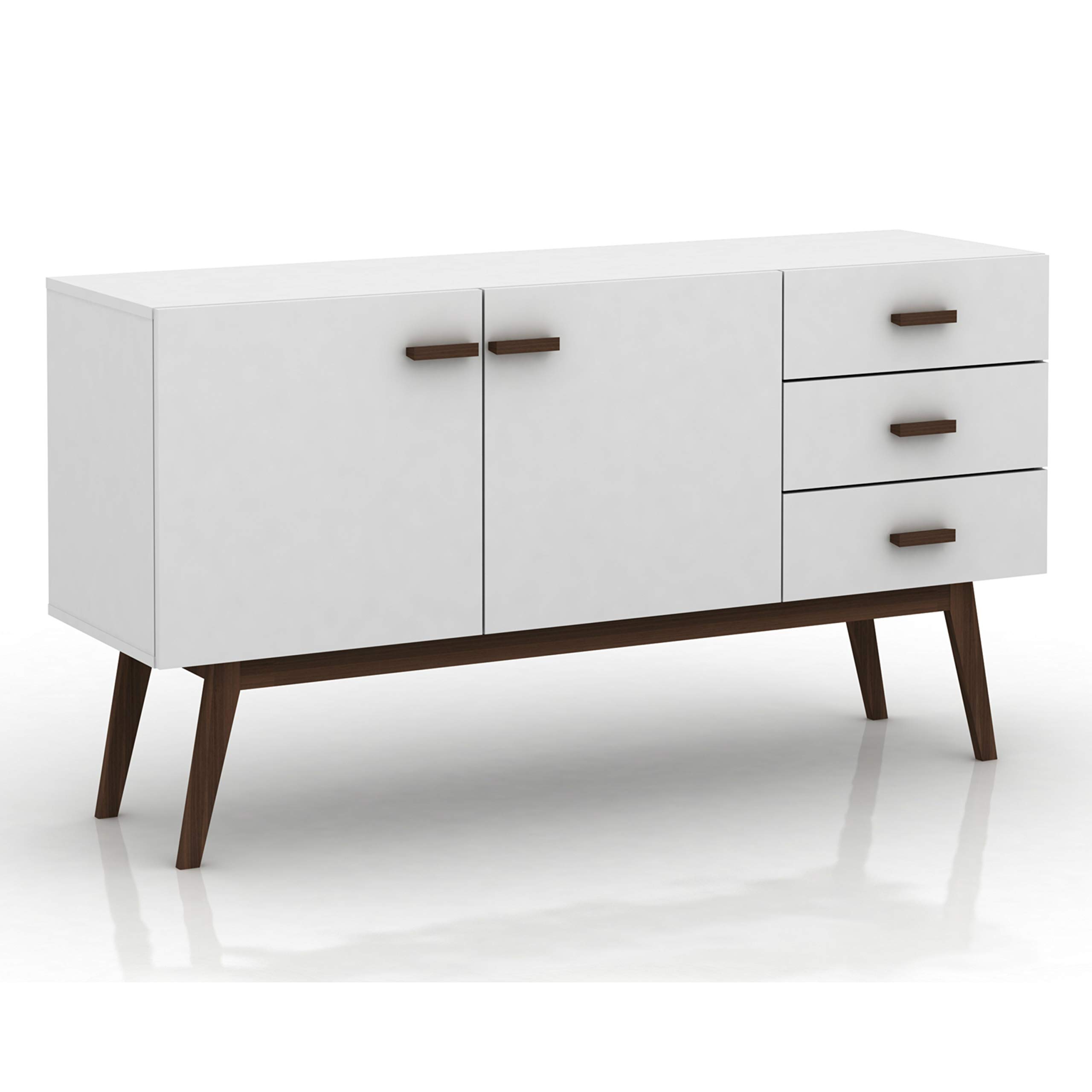 DG Casa Aleya Mid Century Modern Sideboard Buffet with Storage Cabinets and Drawers in High Gloss White and Walnut Finish